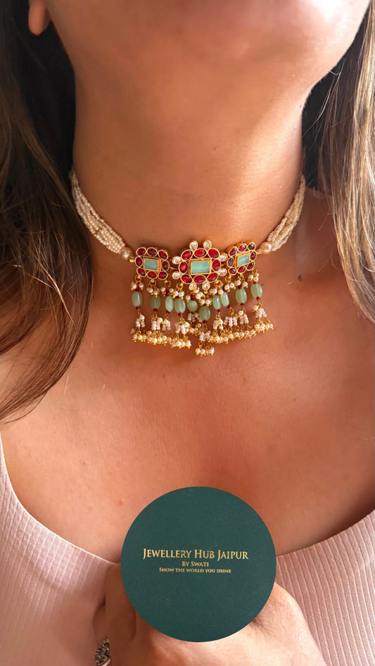 Firoza  & Rani pink Paachi Kundan thread choker