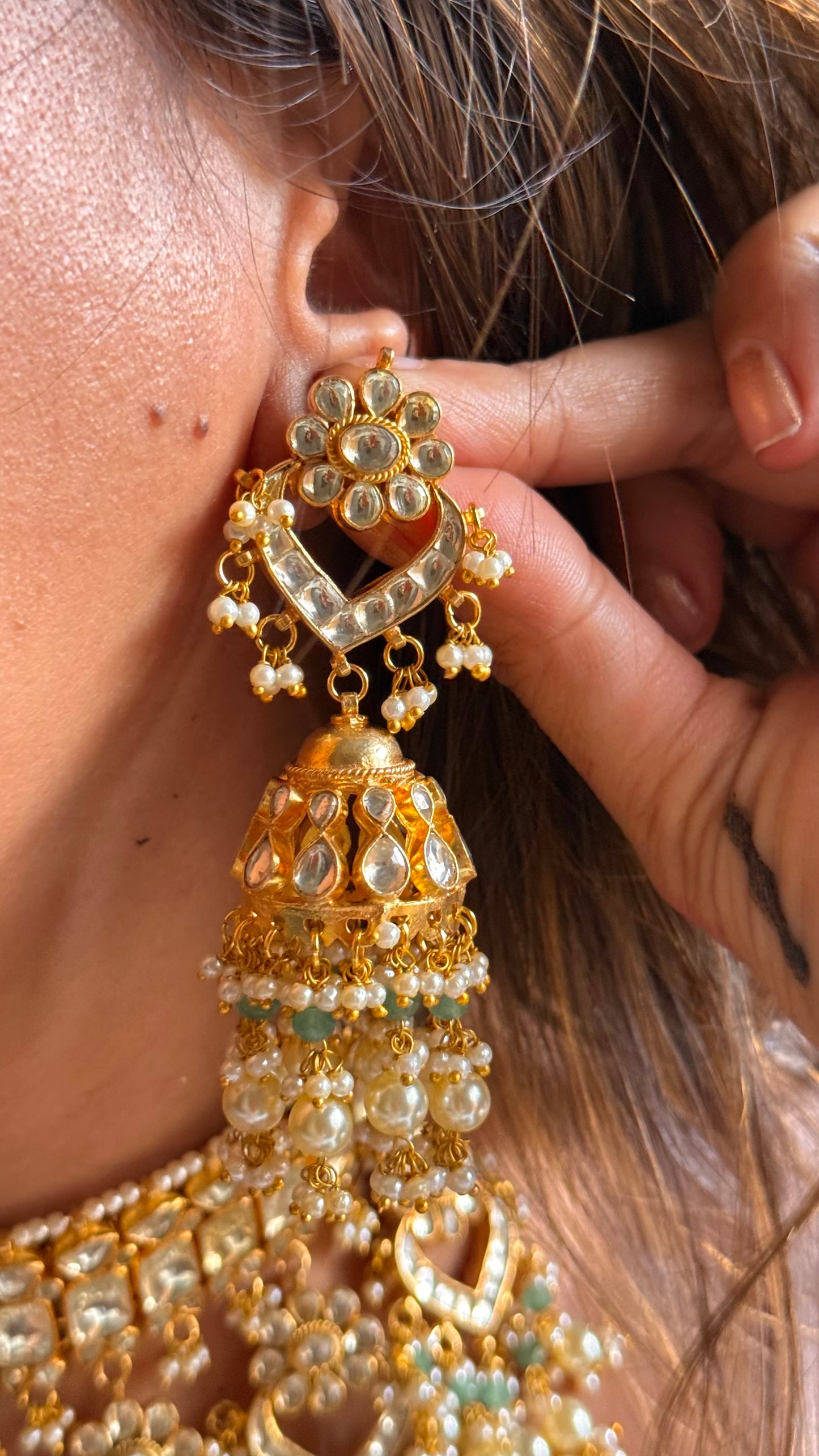Handmade Paachi Kundan jadau with pearl detailing choker necklace
