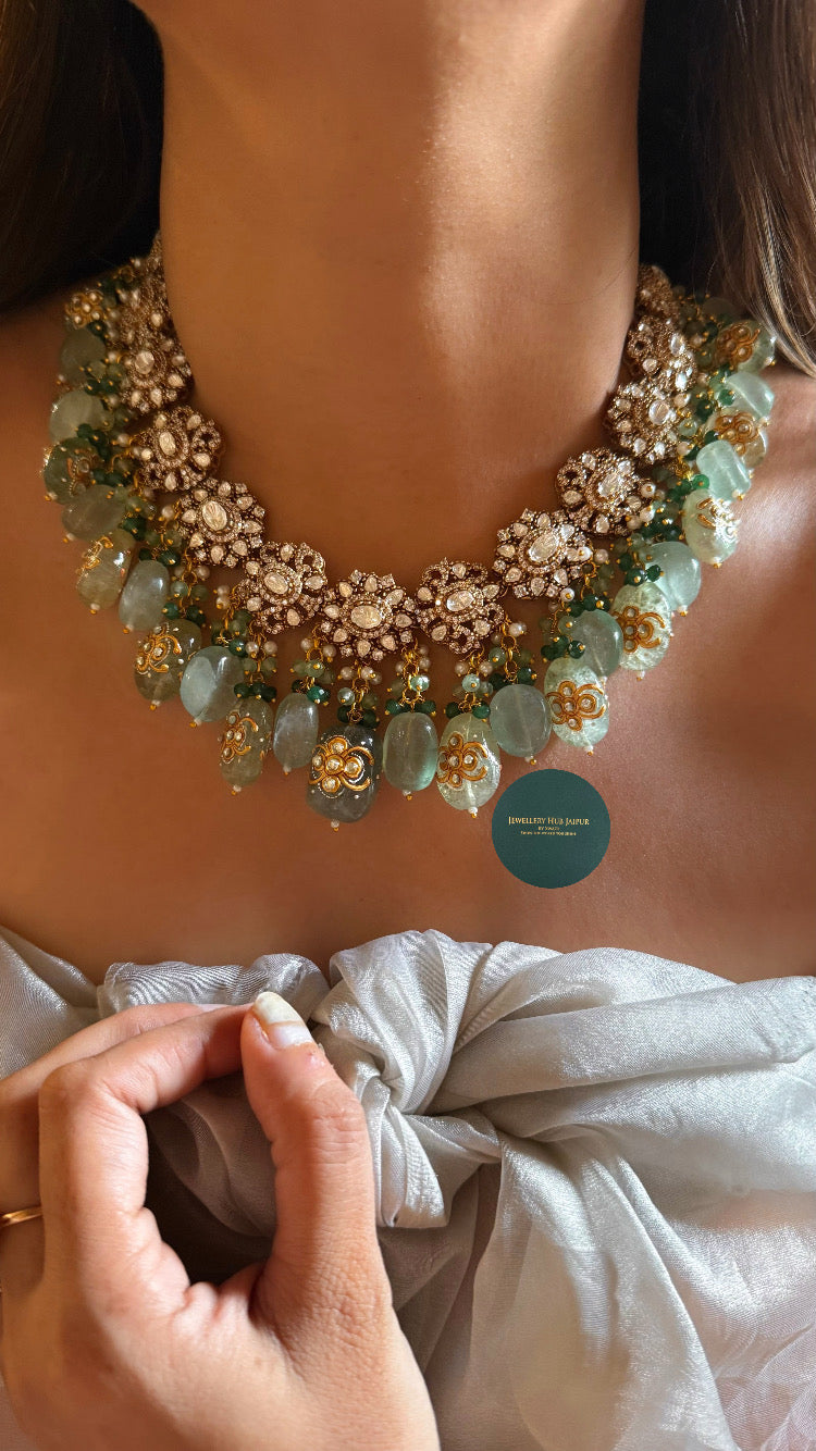 Moissanite polki with mint drops inlay carving collar set