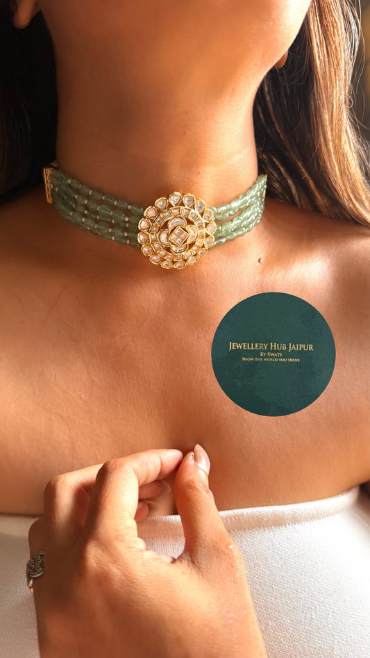 Real Moissanite polki floral mint thread choker set