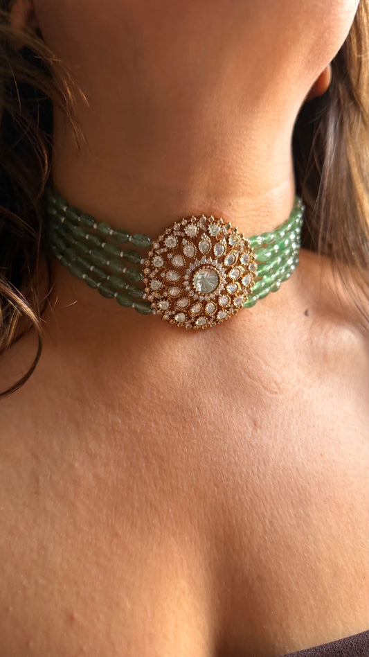 Mint  pearl detailing with Moissanite polki choker Necklace