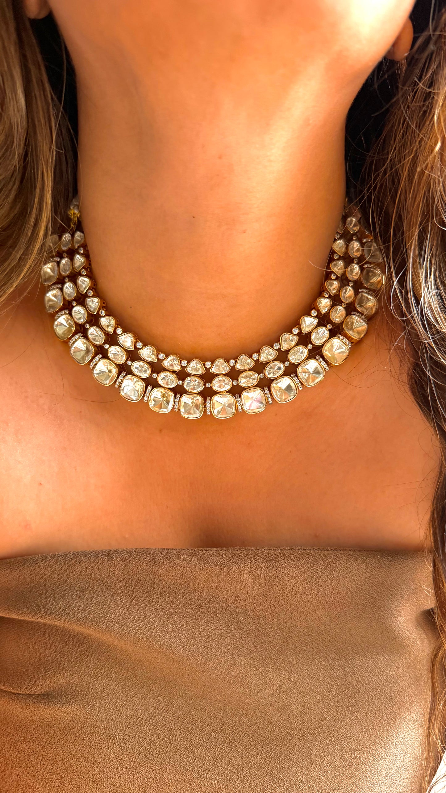 Real moissanite peeli polki triple line collar necklace