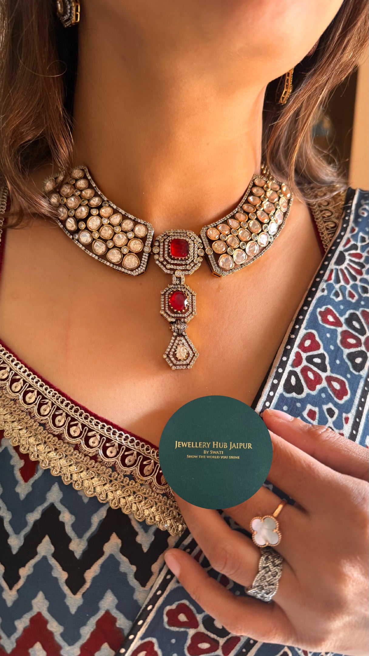 Ruby real moissanite peeli polki cocktail necklace