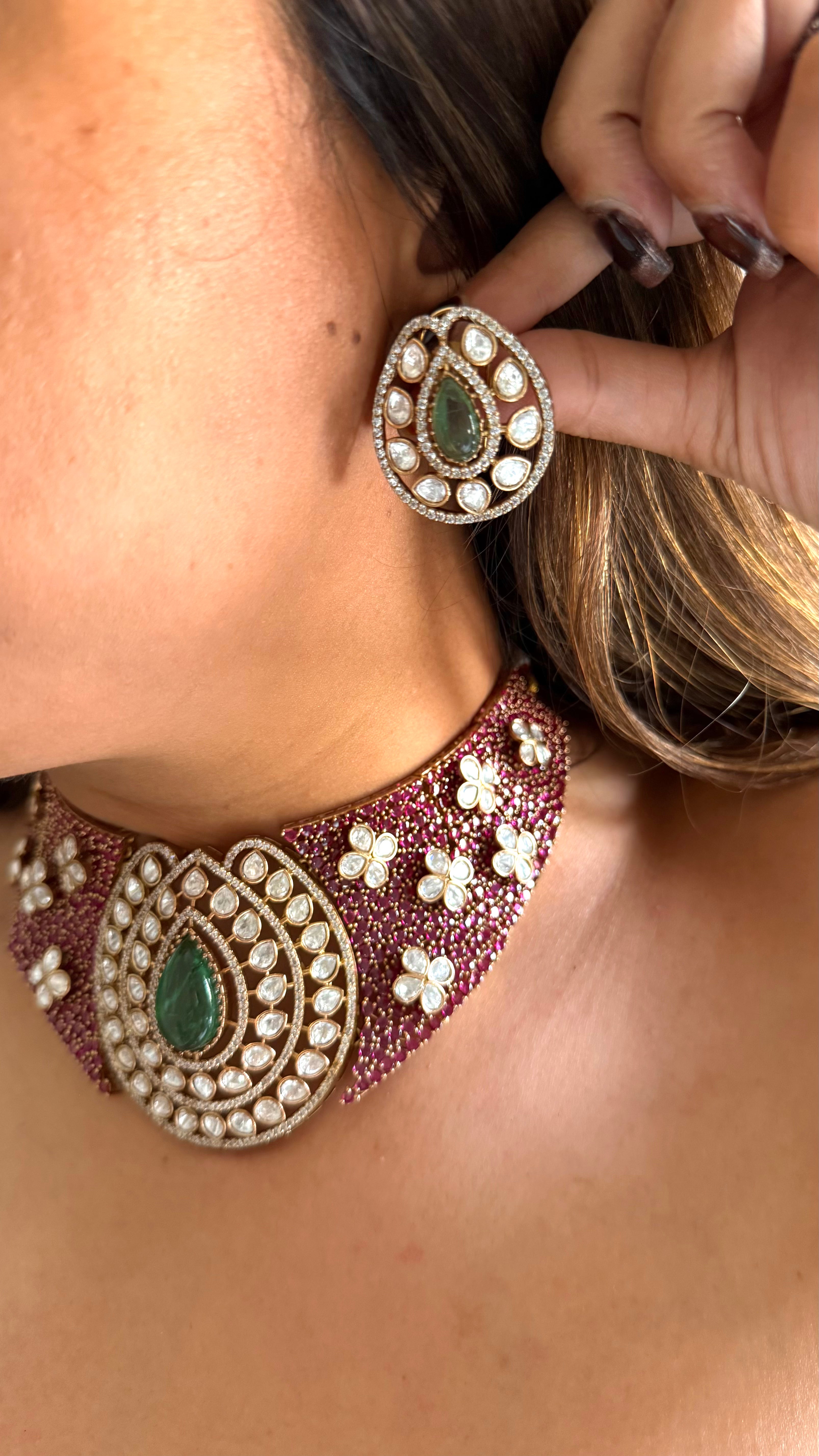 Rani pink & mint drop doublet moissanite flower choker