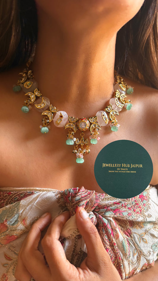 Rose quartz inlay work with mint drops & emerald meenakari paachi & ruby katdana collar set