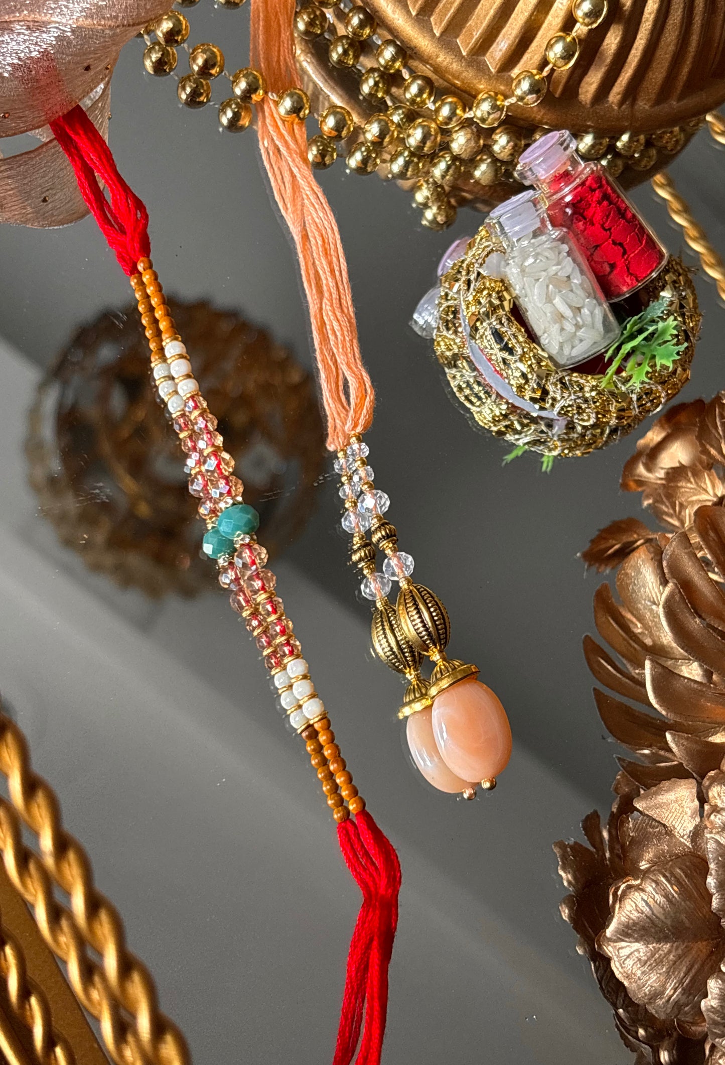Bhaiya bhabhi lumba peach designer stone oxidised rakhi ( shipping will be extra )