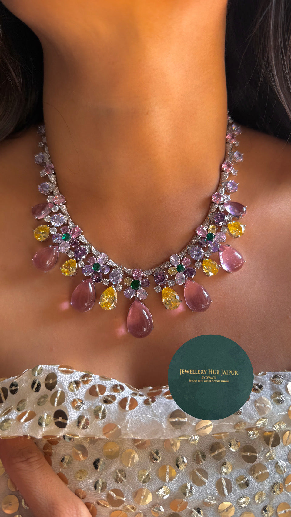 Rose Quarts, emerald & topaz bvlgari inspired designer necklace