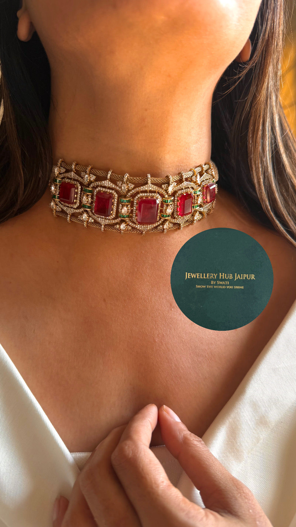 Ruby doublet designer choker with emerald work