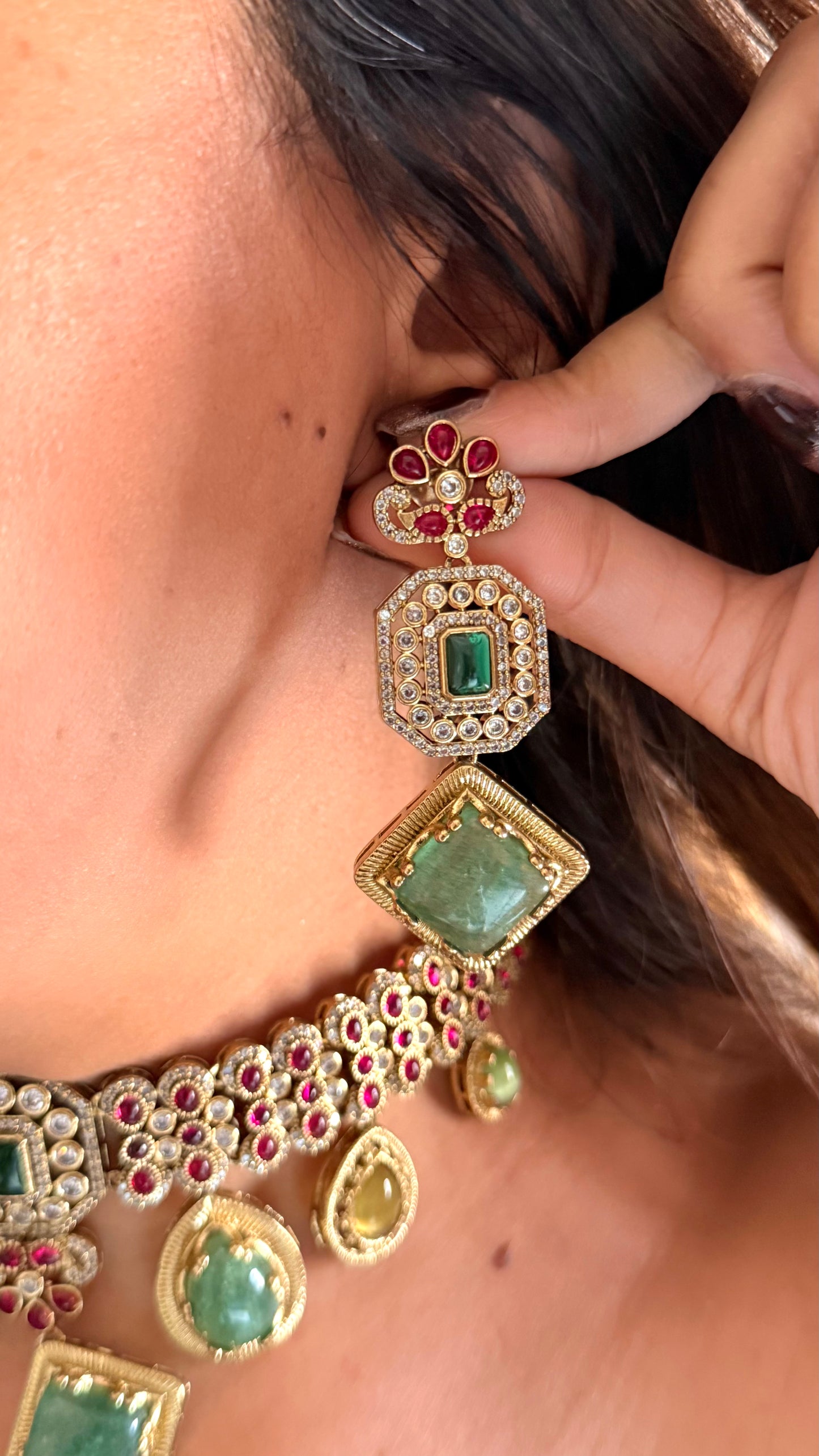 Vanya Mint doublet and rani pink moissanite choker set