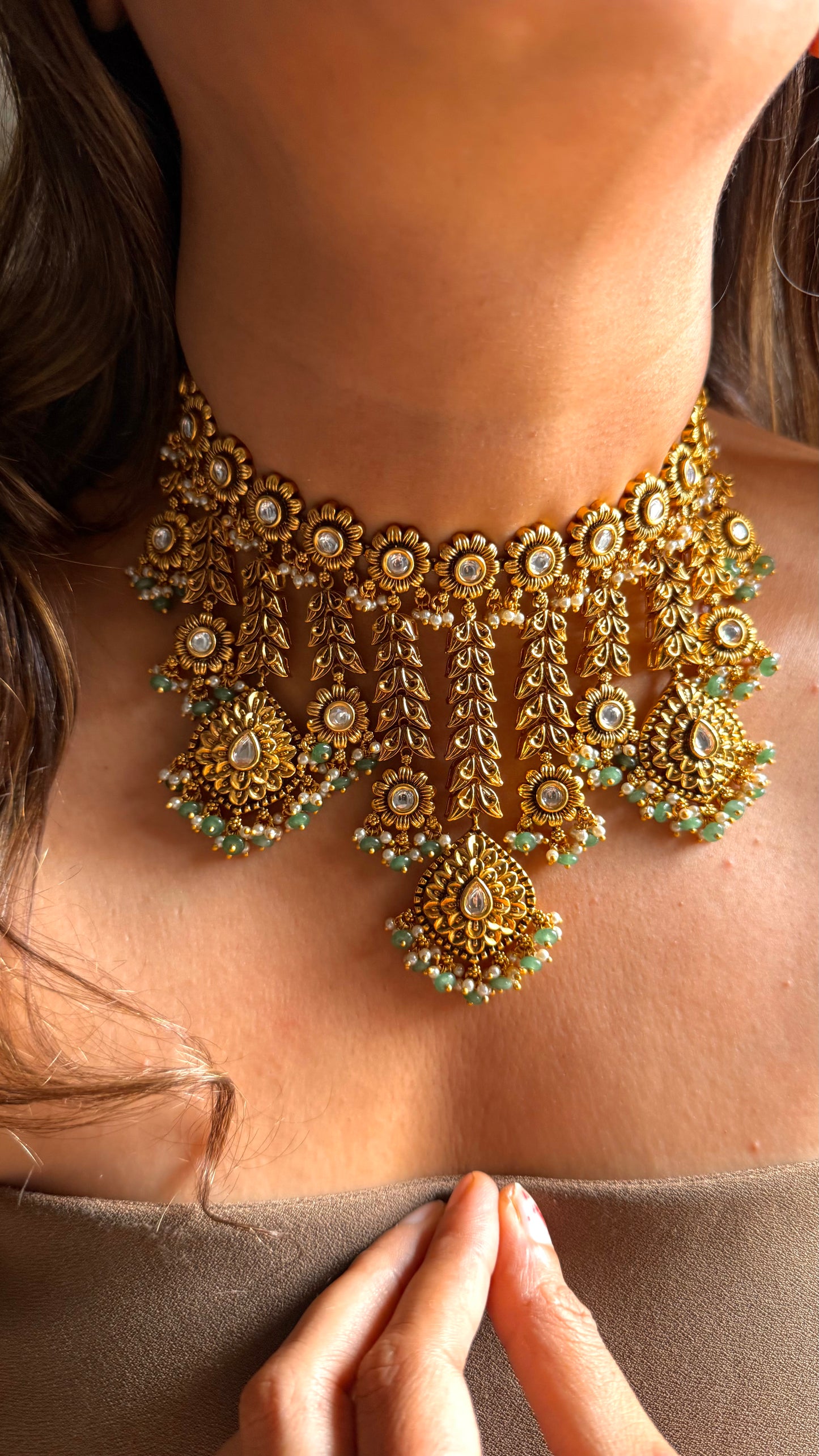 Floral waterfall oxidised Gold Choker with mint detailing