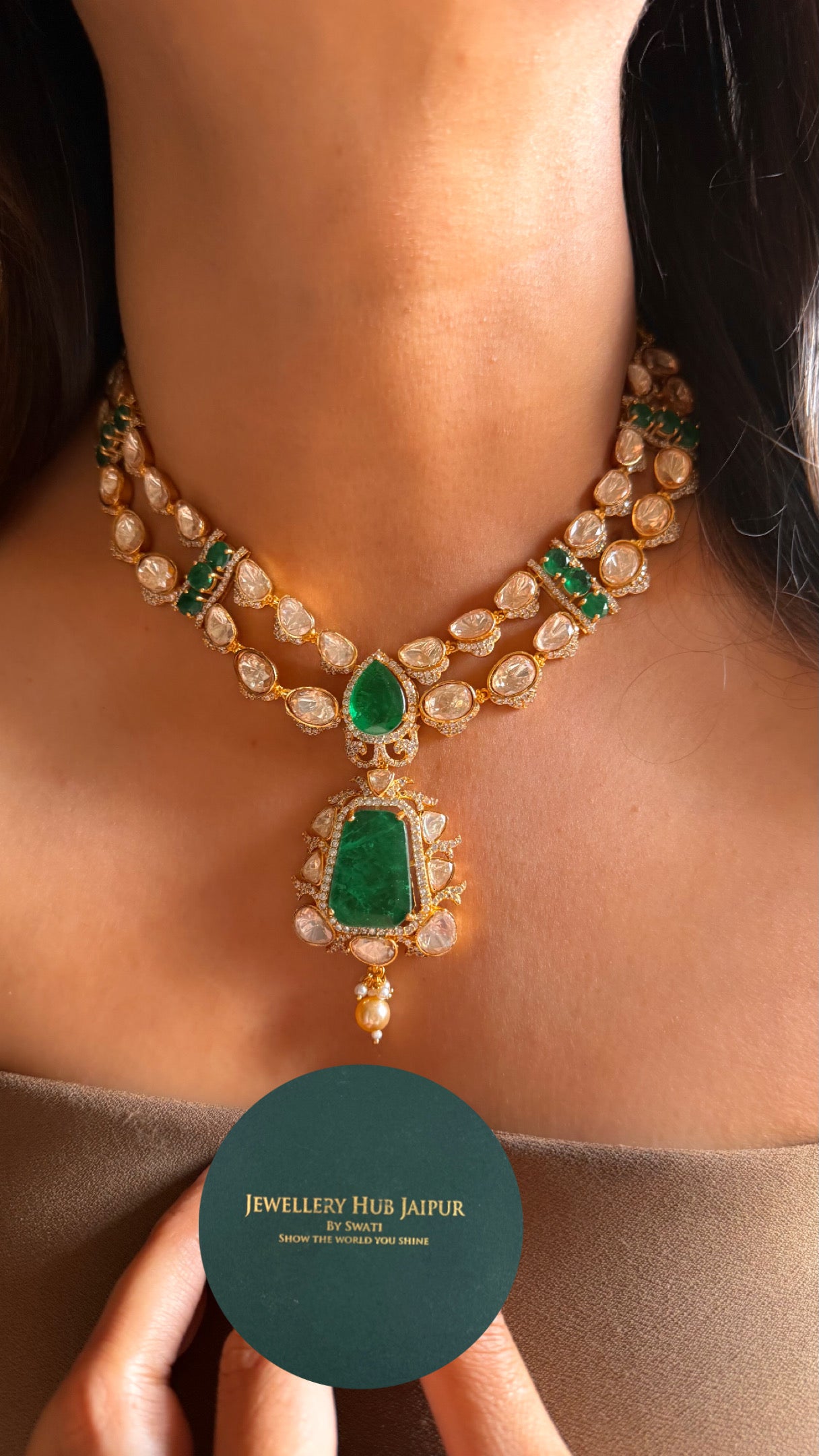 Emerald  peeli polki moissanite with dual line collar necklace