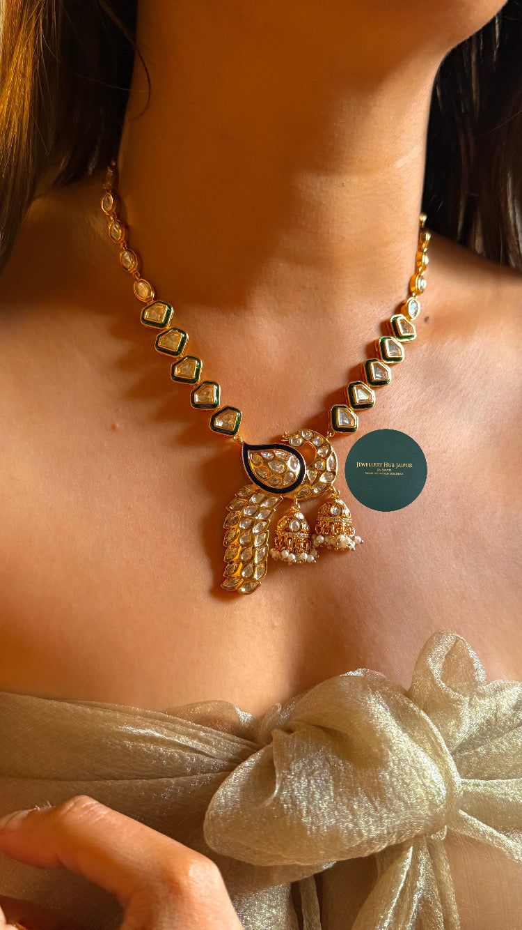 Emerald & sapphire meenakari peacock designed collar set