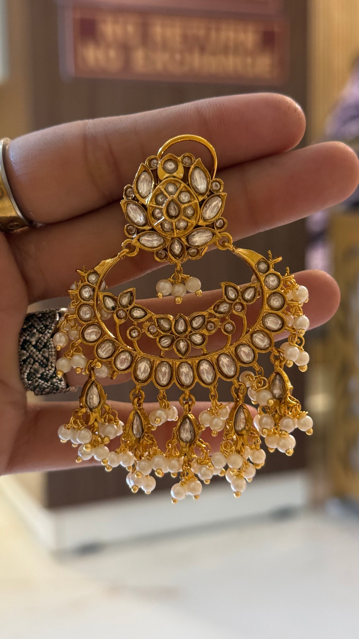 Polki lotus shaped chandbali with pearl detailing