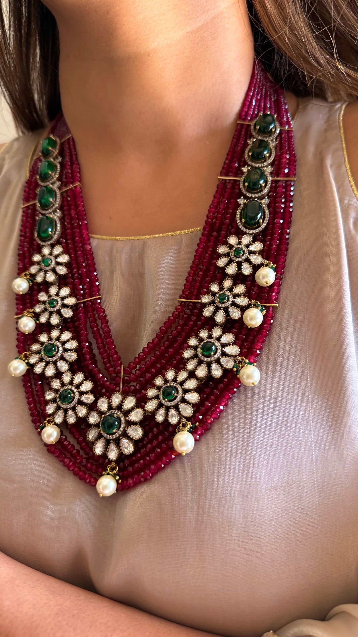 Vrishti Emerald & Ruby Moissanite Chandi polki necklace