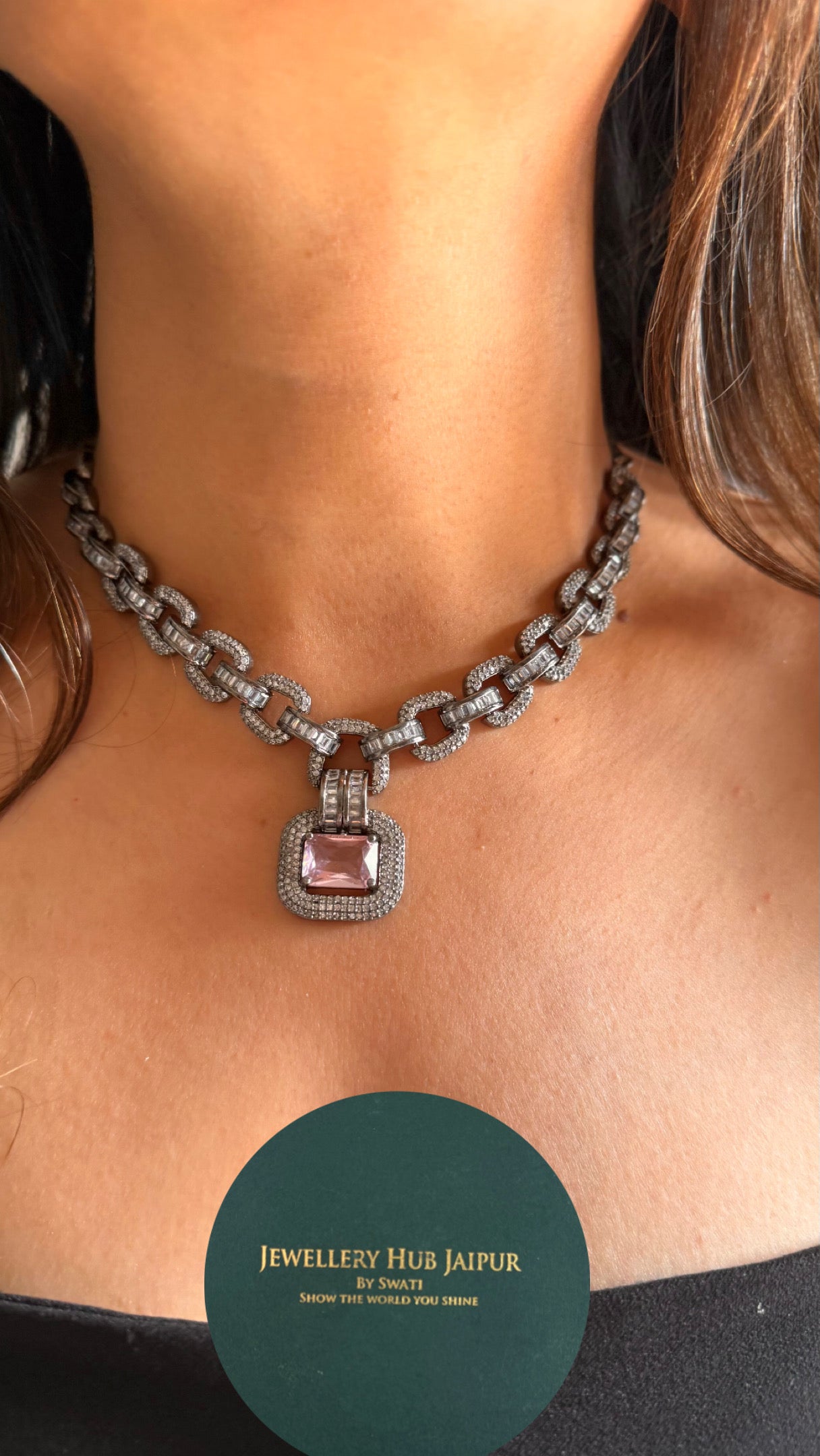 Rose quartz granite diamond minimal necklace