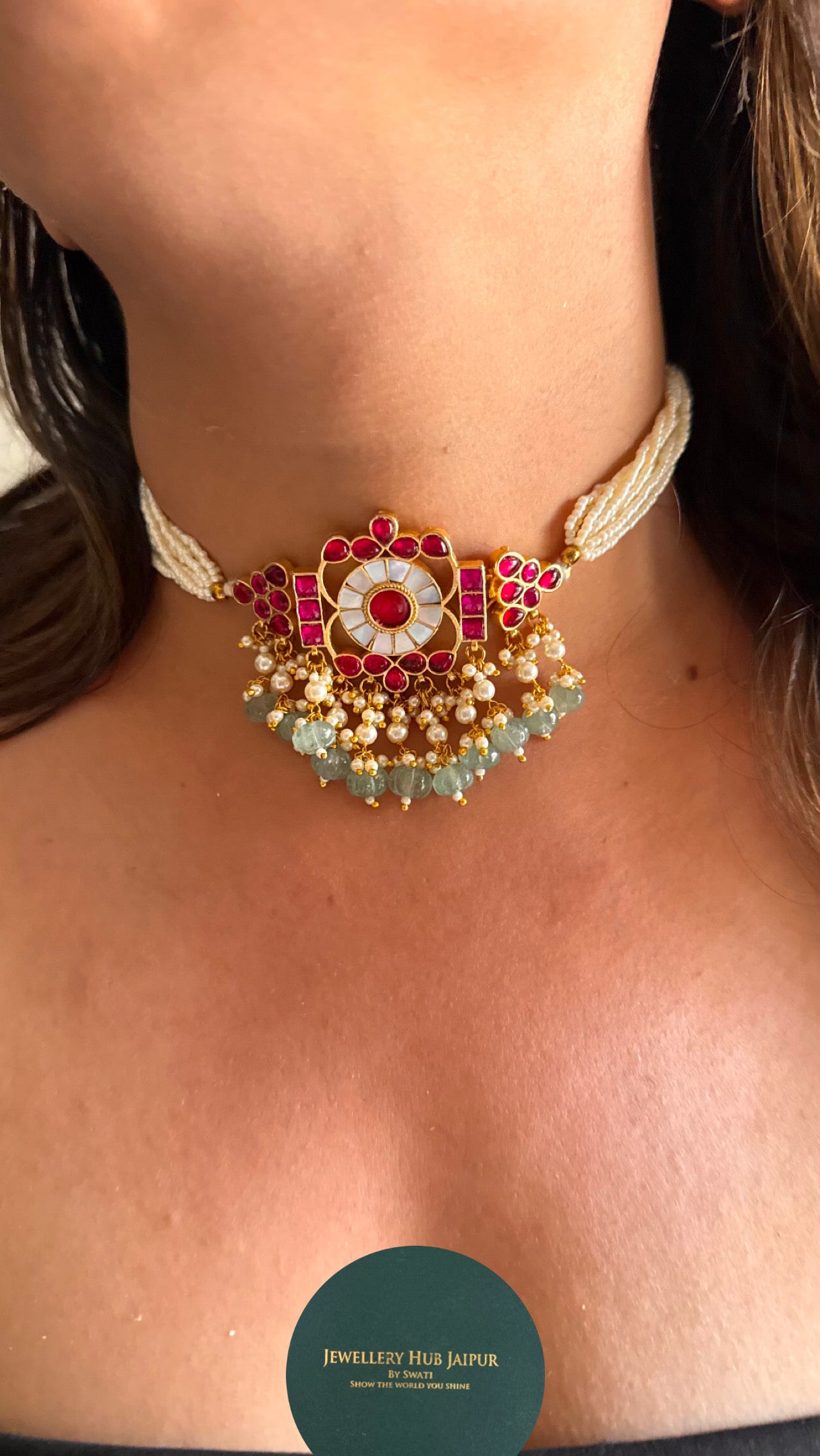 Rani pink ruby & mother of pearl thread choker Necklace