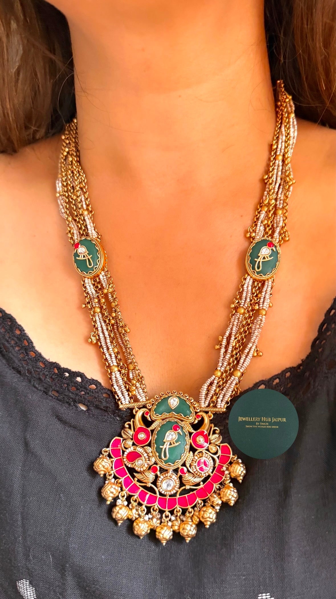 Emerald bird motif & ruby inlay rajwada set