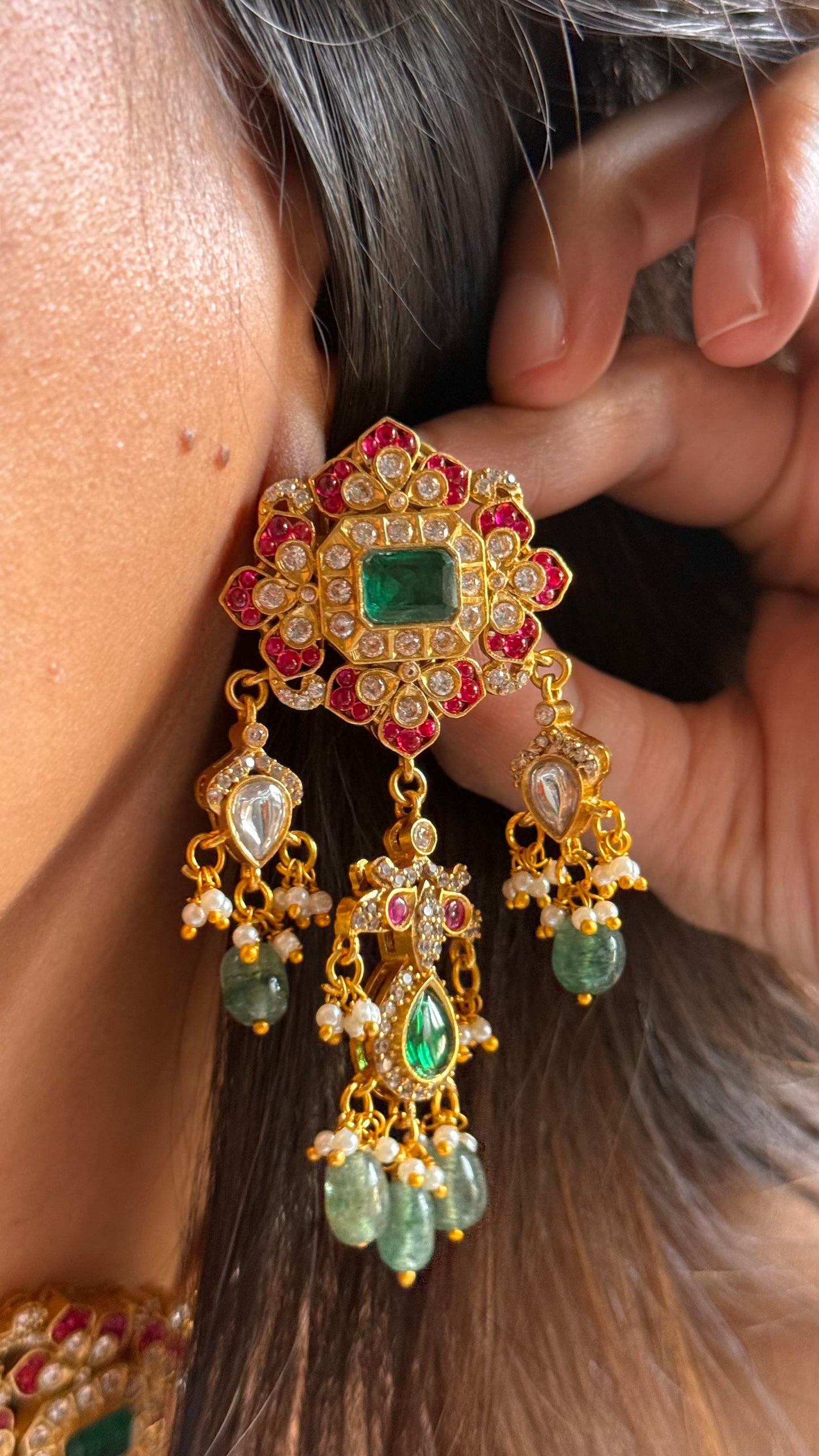 Paachi Kundan Rani pink ruby with emerald thread choker necklace