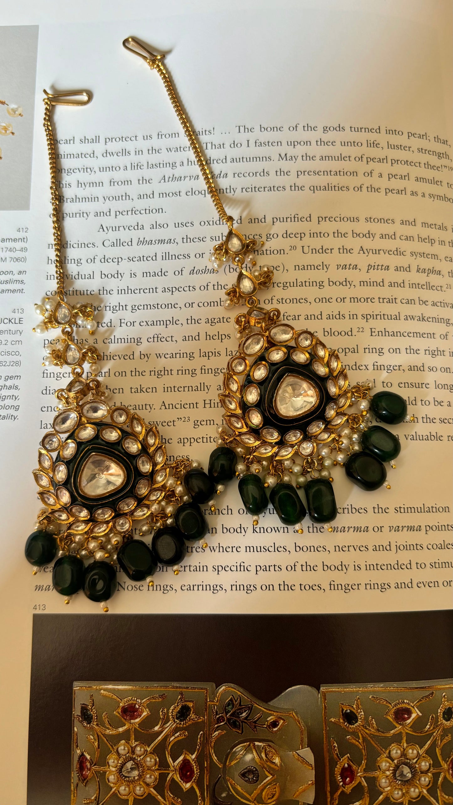 Emerald long meenakari polki studs with polki ladi