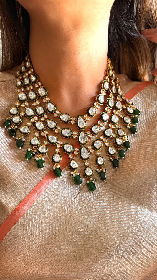 Ankita emerald meenakari polki three layer necklace