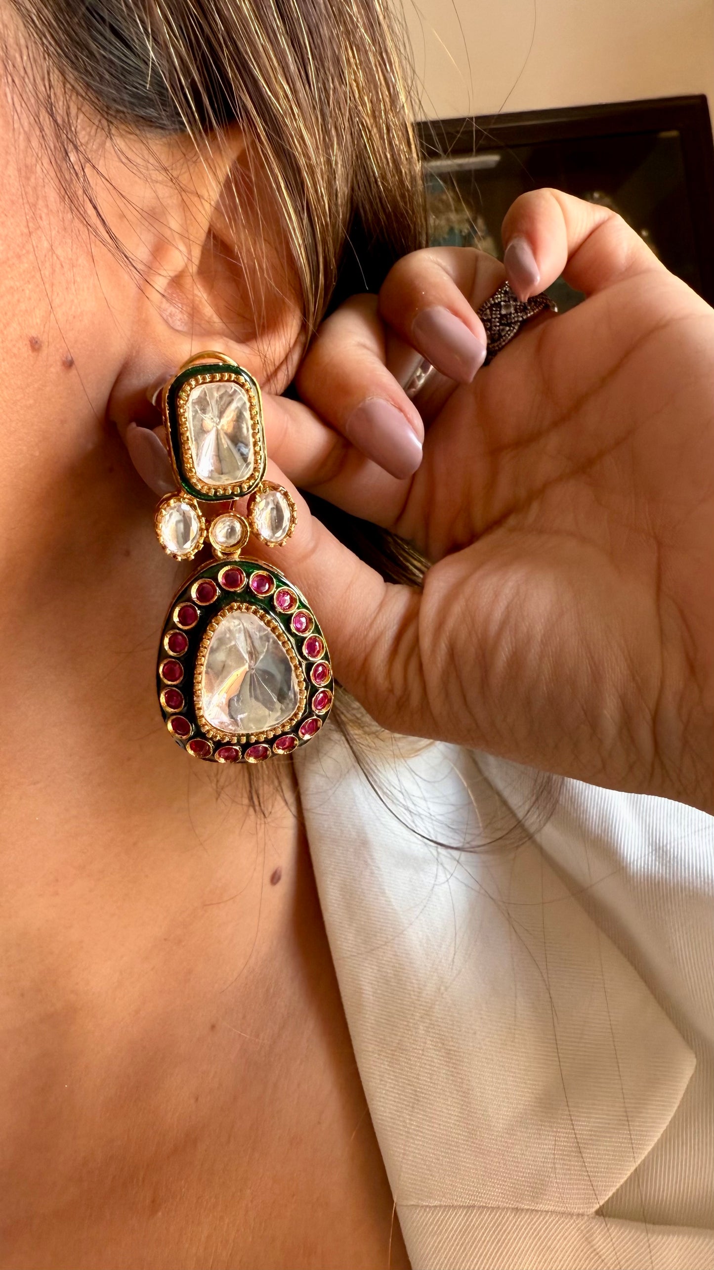 Emerald ruby meeenakari uncut polki earring