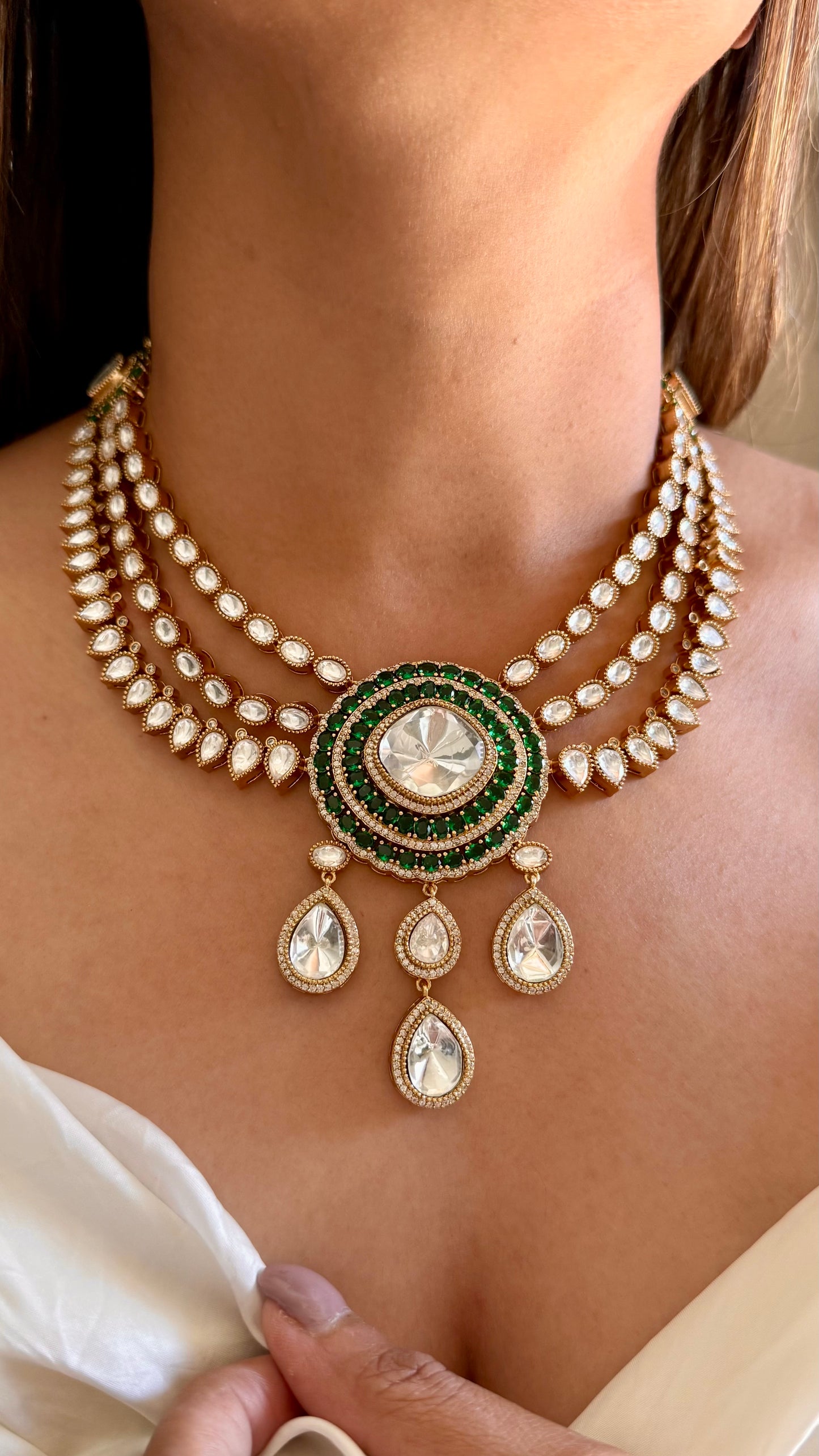 Emerald moissanite polki drop triple layered collar necklace
