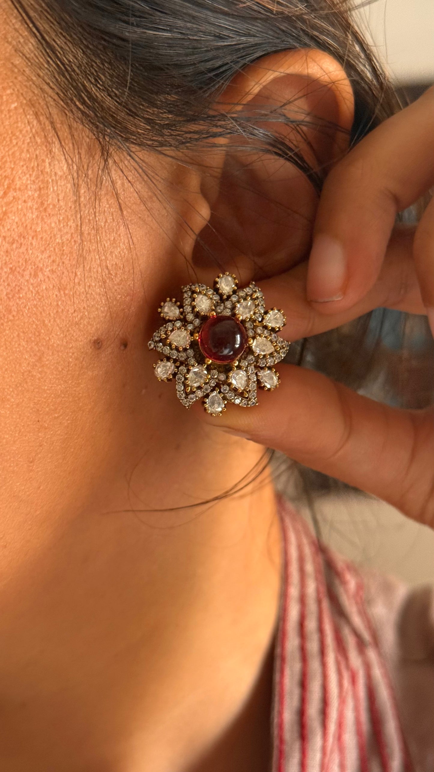 Ruby doublet moissanite victorian floral studs