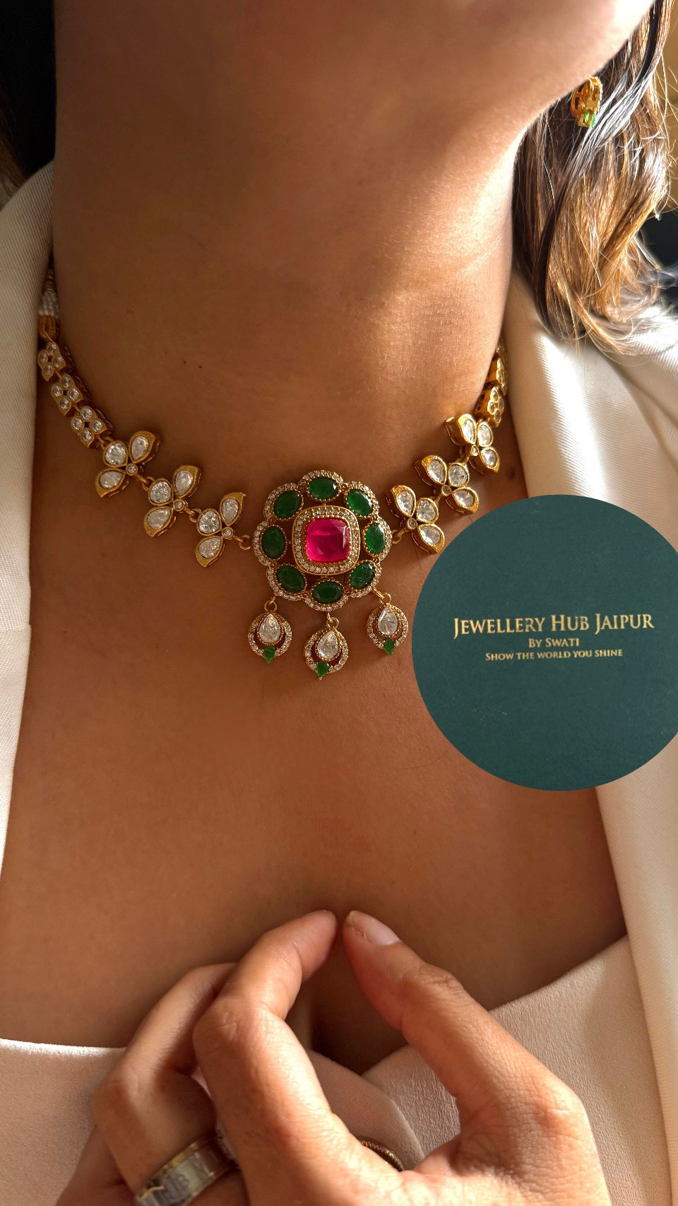 Floral desiner ruby & emerald statement necklace