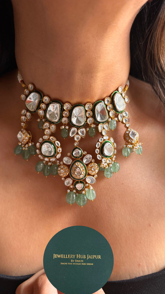 Uncut polki desiged with meenakri & mint drops Necklace
