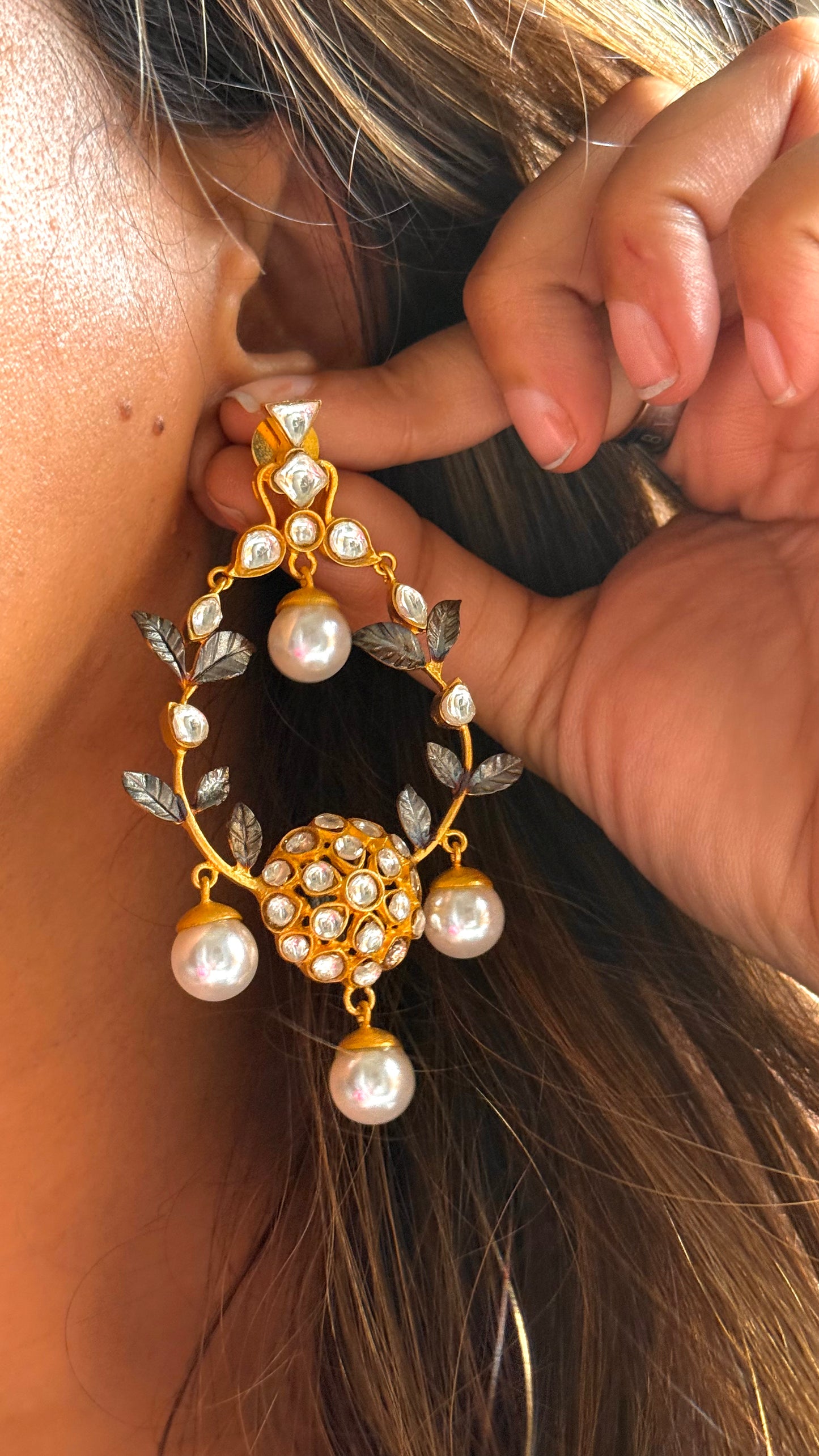 24kt Dubai Gold inspired oearl & leaf chandbali