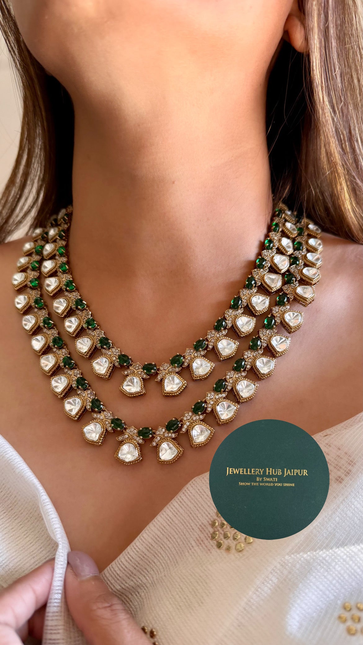 Emerald dual layered moissanite necklace set