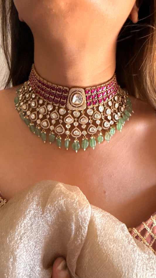 Anshika Rani pink moissanite polki & mint drops choker (can be made on order in 3-4 days)