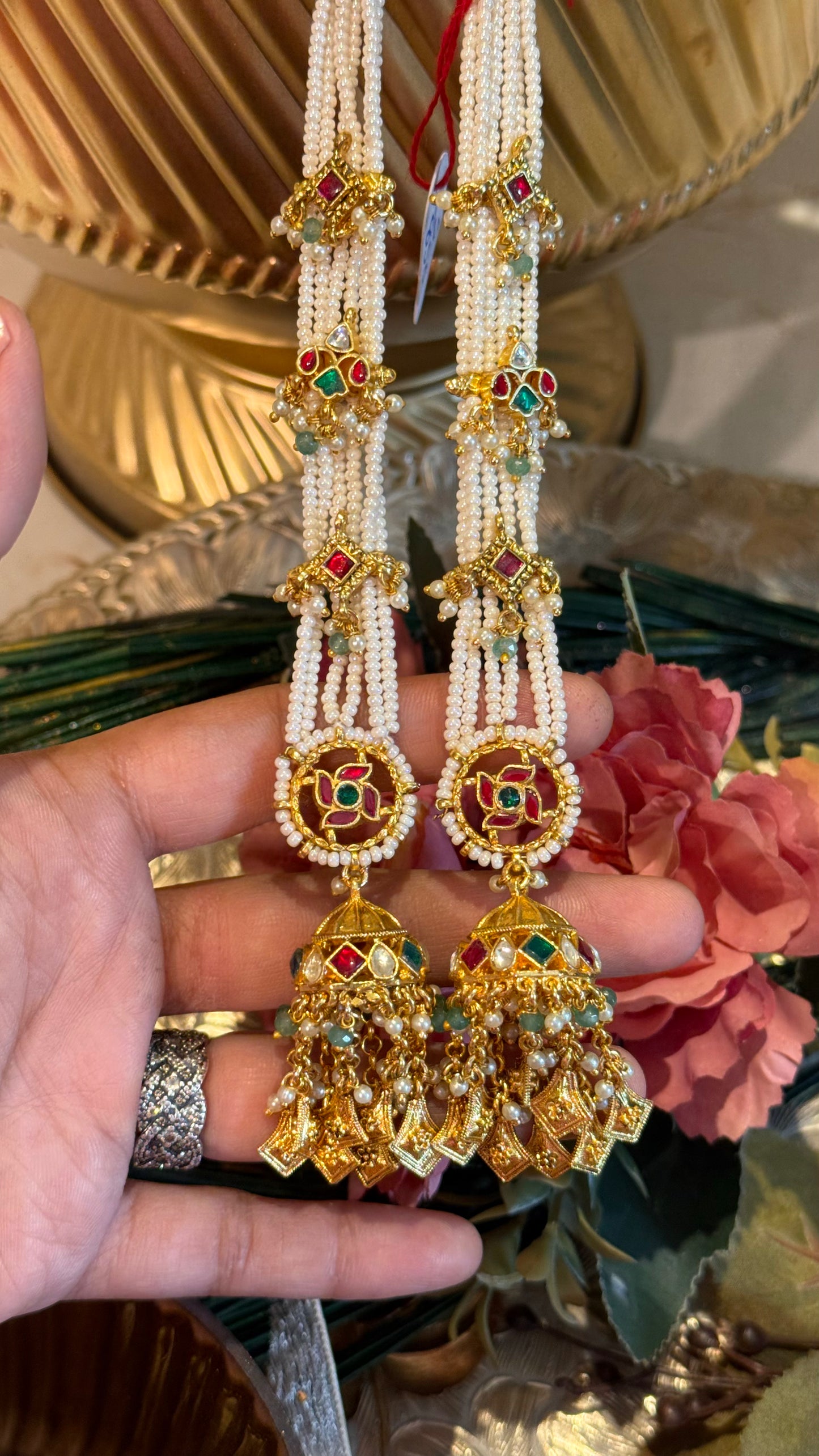 Swastik handmade heritage jhumki with attached earchain with paachi detailing