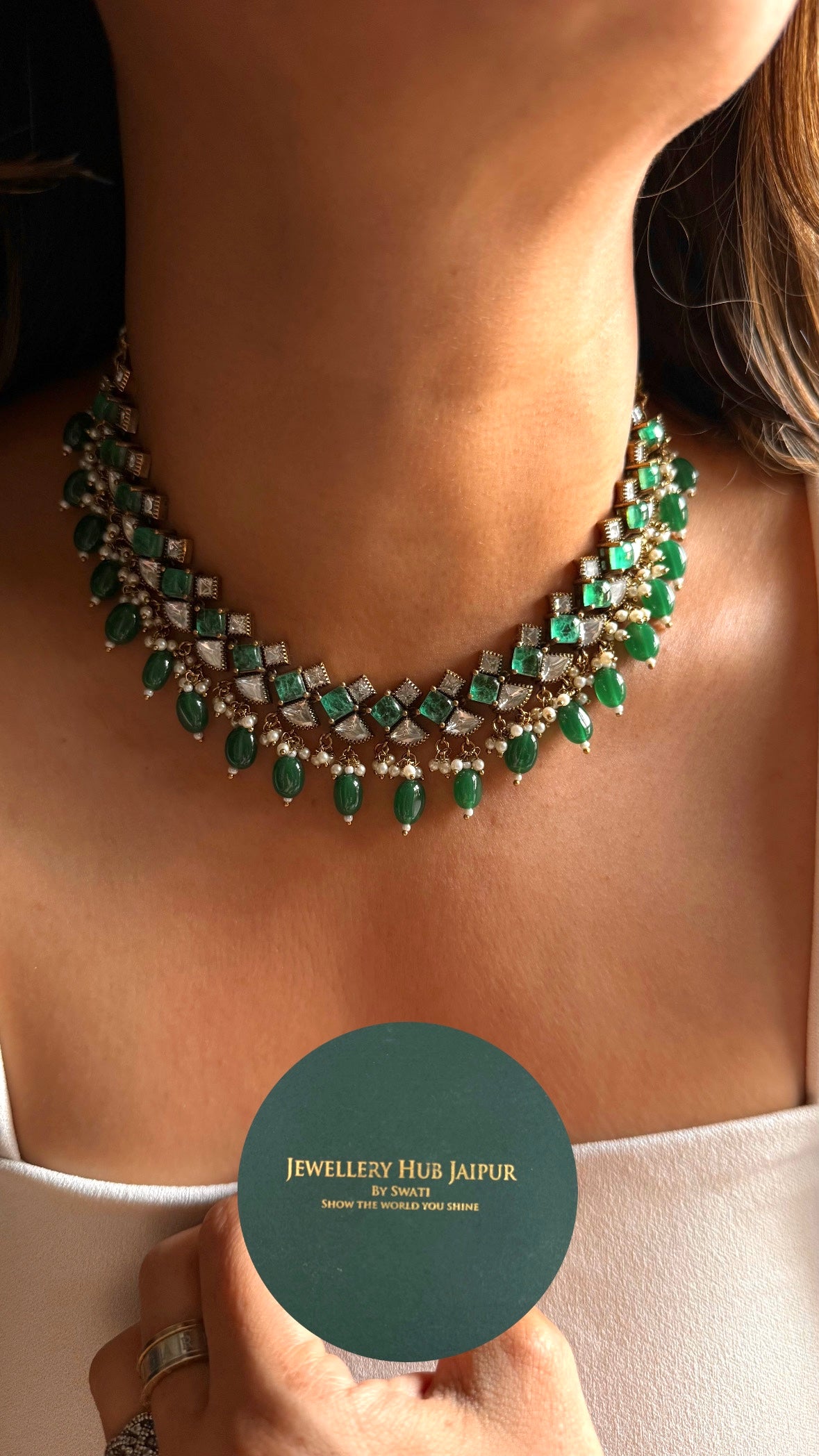 Emerald doublets with drops collar necklace