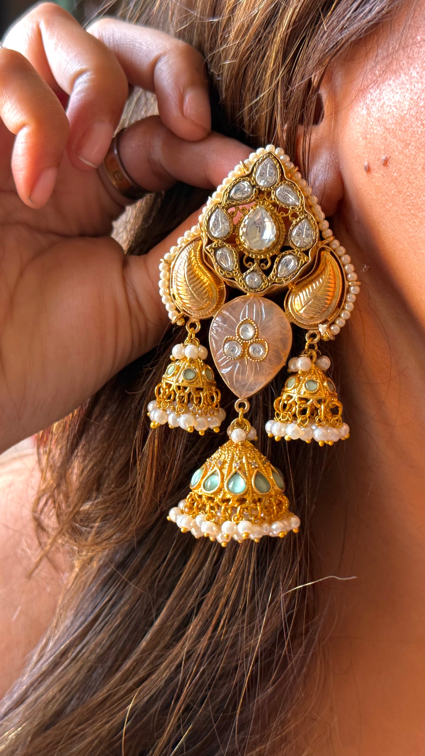 Amrapali inspired carving stone & inlay polki  triple jhumki dangler
