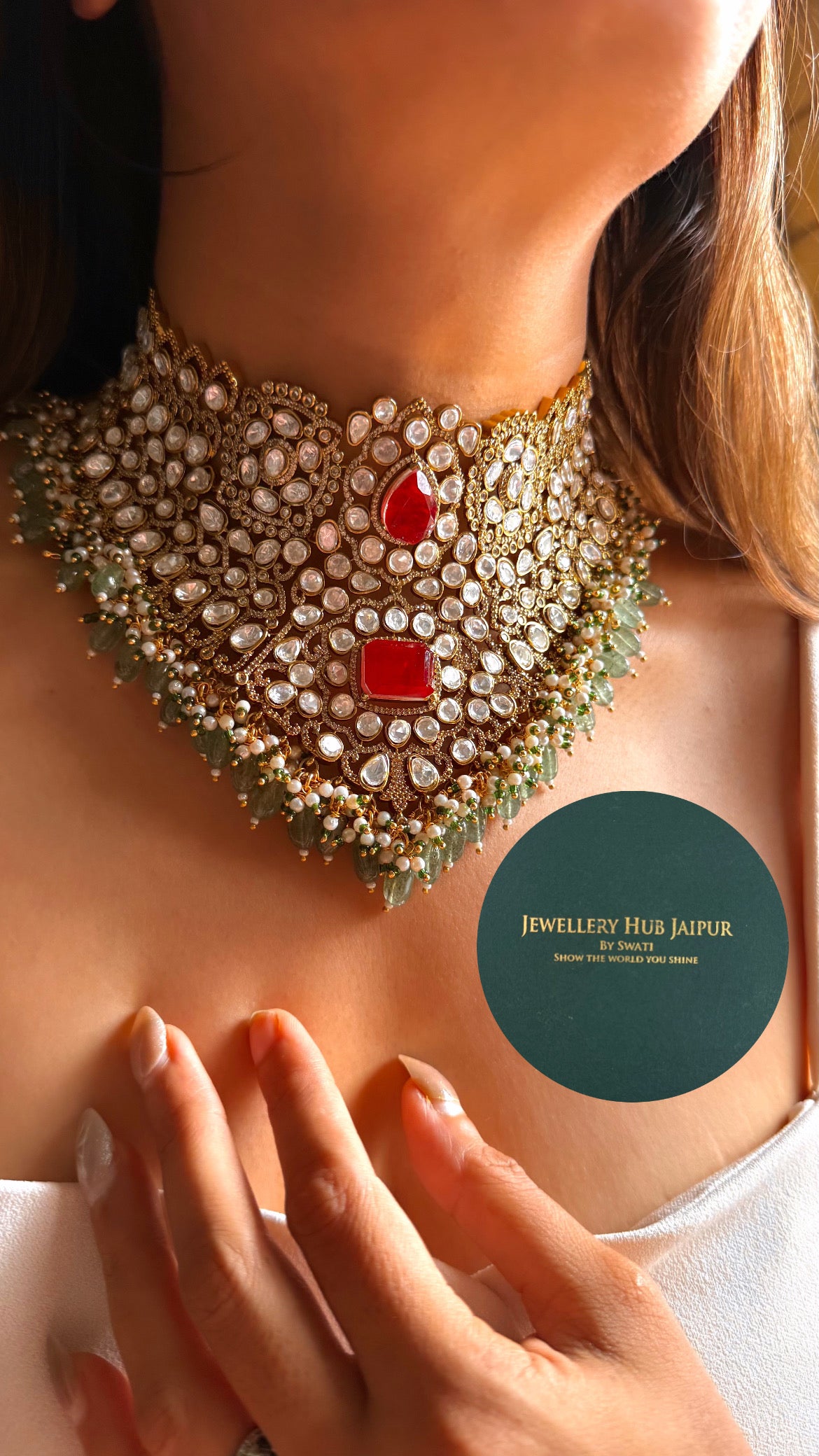 Bhagyashree Ruby doublet & moissanite polki with mint drop choker set
