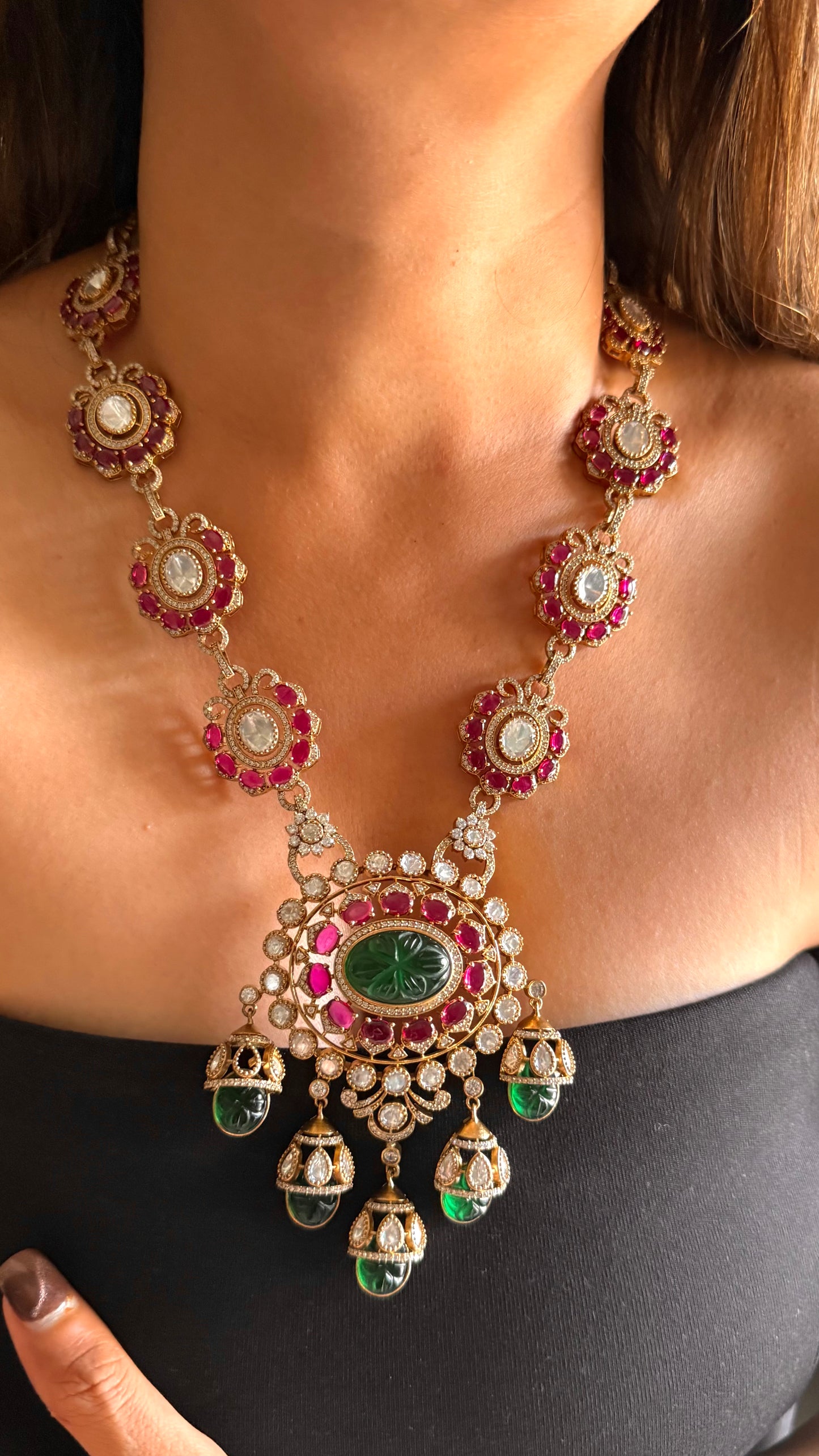 Masterpiece Emerald doublet inlay with rani pink moissanite set