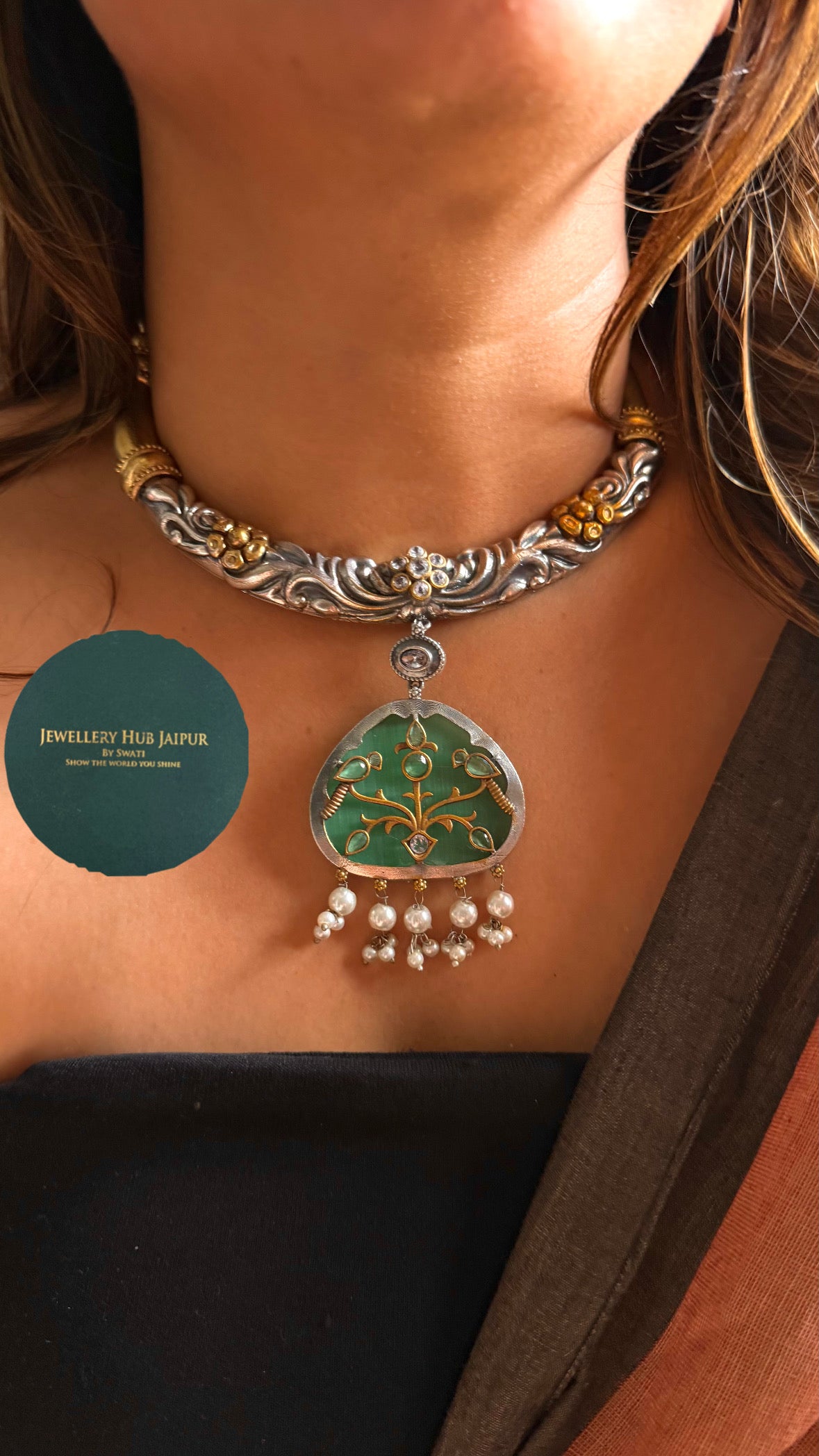 Silver & Gold Floral Saanjh tribal Hasli with mint Pendant