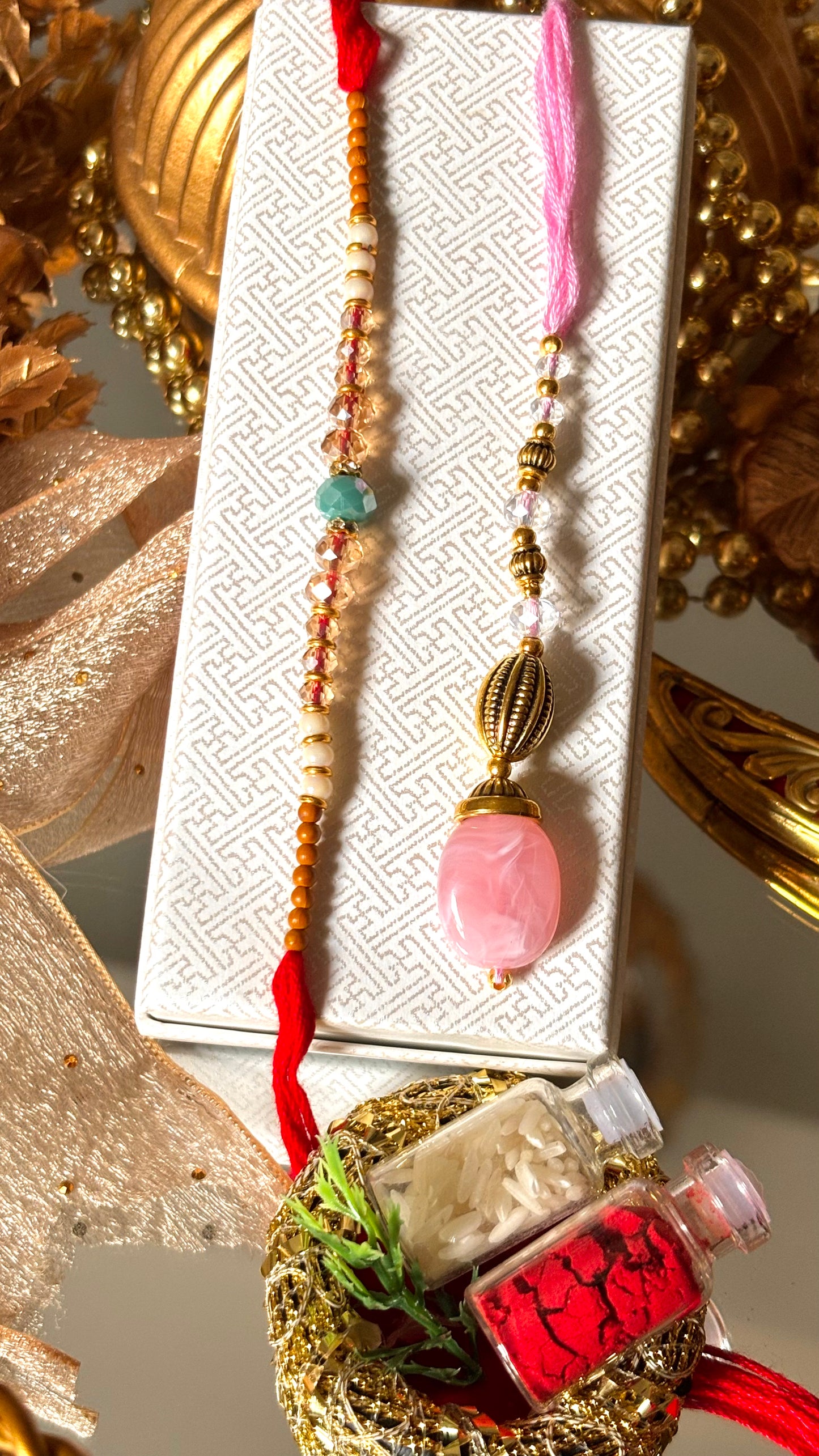 Bhaiya bhabhi lumba rose quarts designer stone oxidised rakhi ( shipping will be extra )