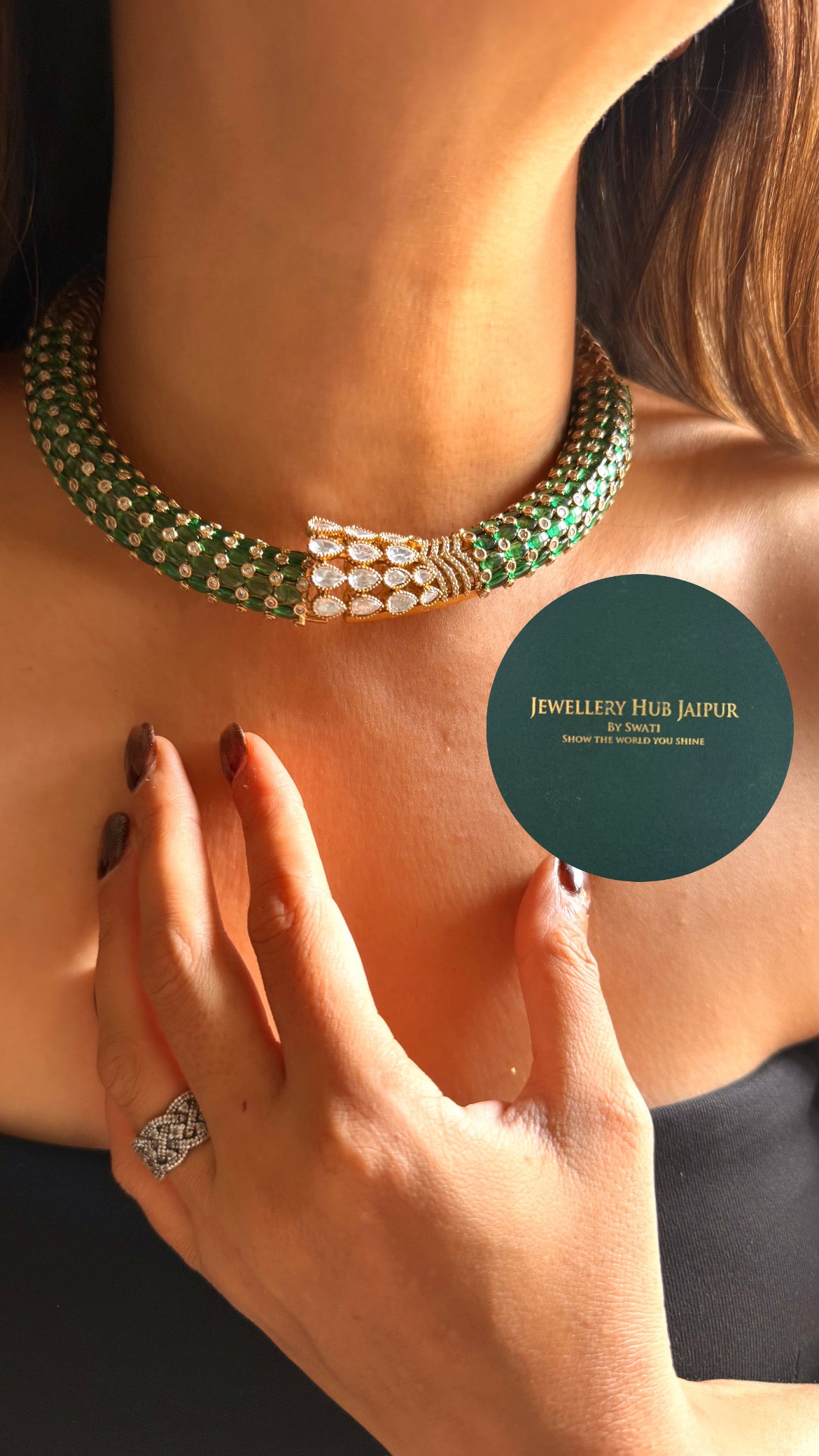 Moissanite uncut polki & emerald designer hasli