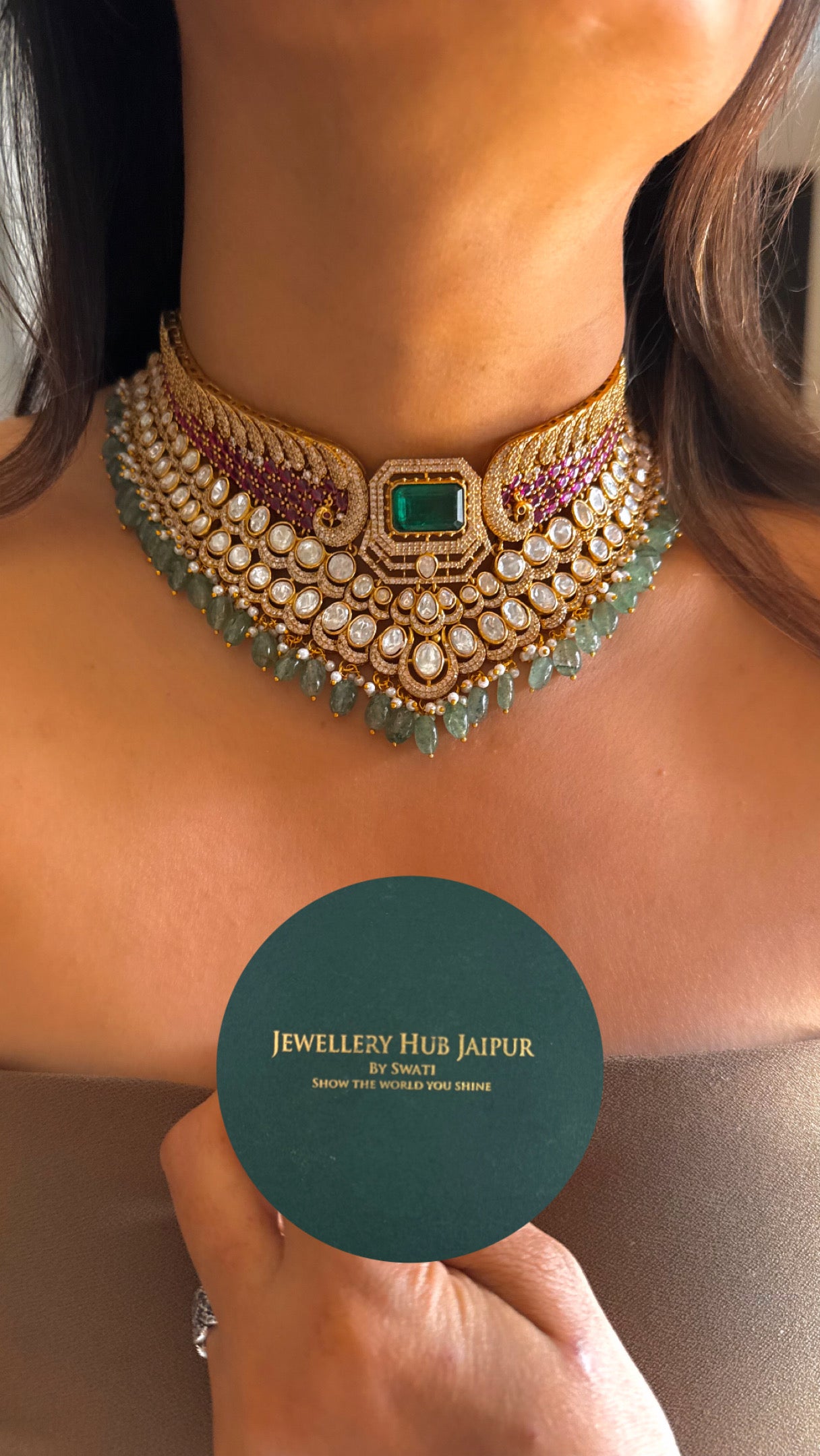 Mint & ruby moissanite peacock pattern choker set