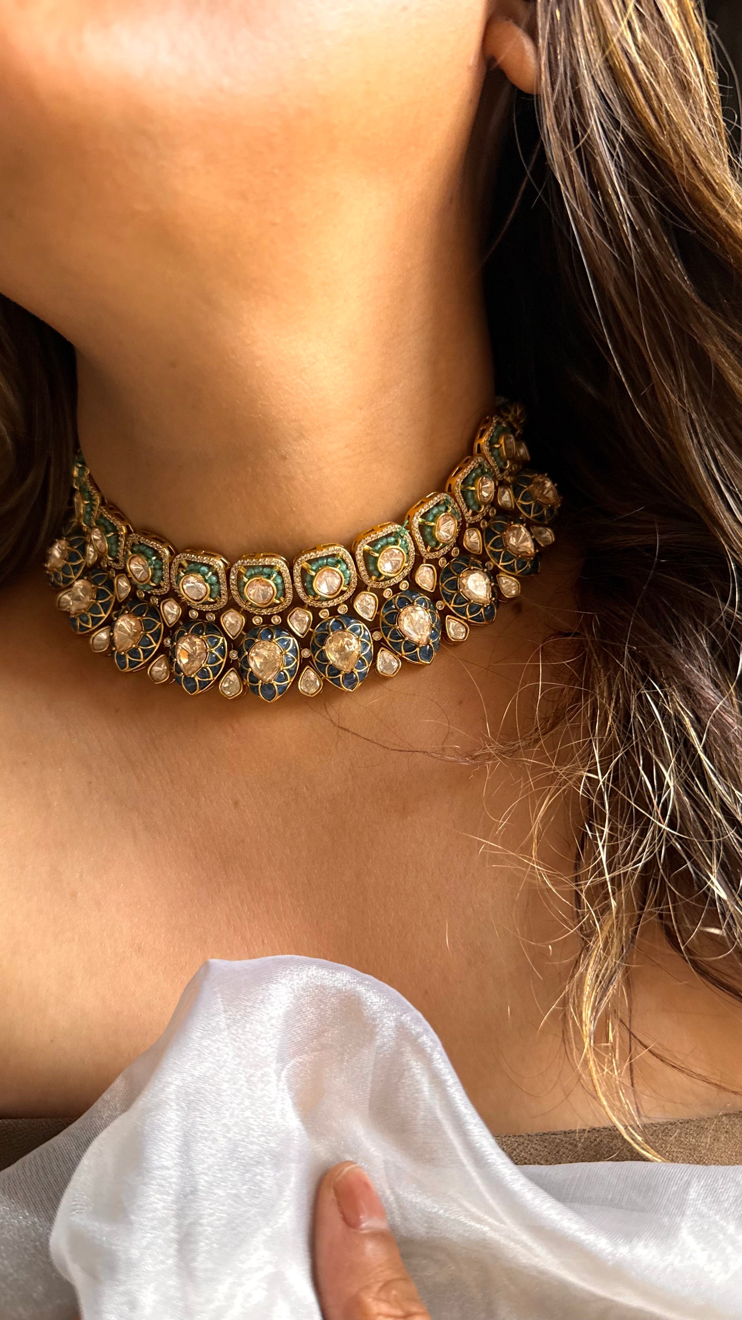 Sapphire & Turquoise Lv shade Polki Choker Necklace