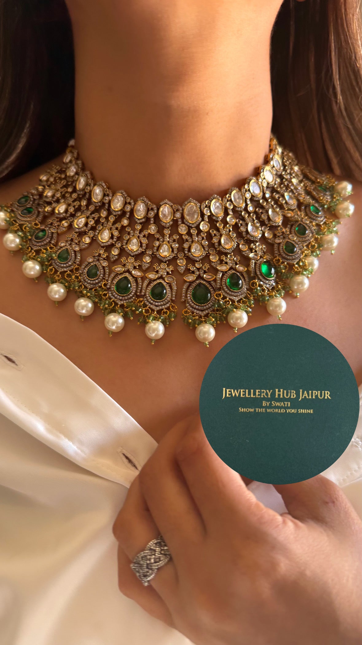 Tashvi Emerald doublet Moissanite polki with pearl necklace