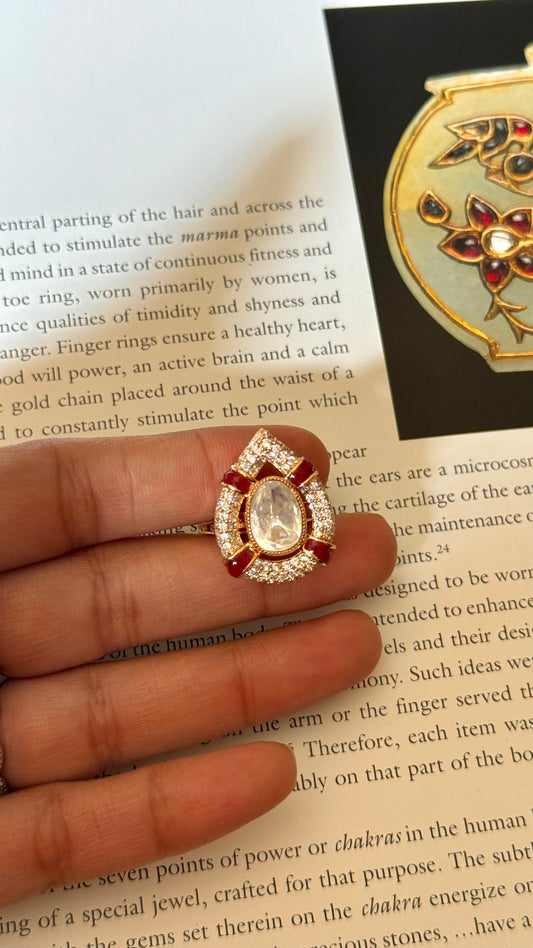 Ring kundan drops shape ruby adjustable