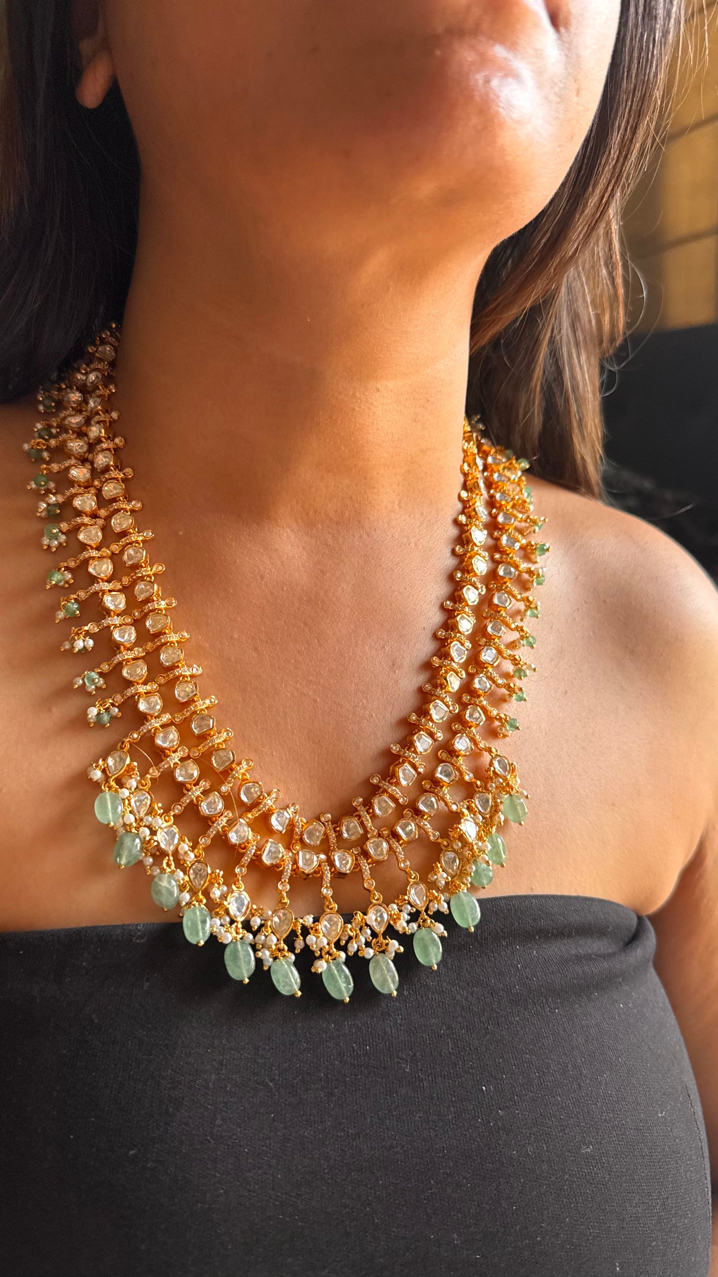 dual line Real moissanite with mint strawberry drops long necklace