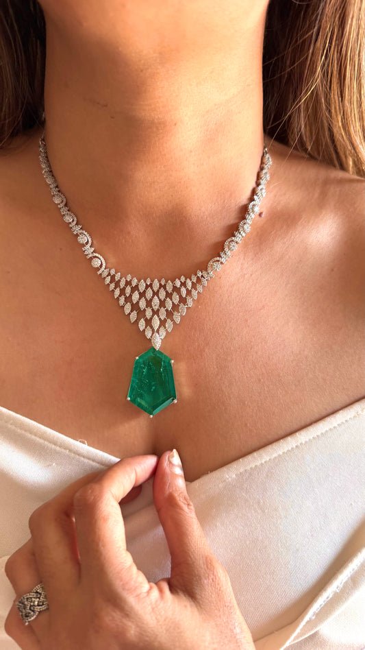 Tisya Emerald doublet cz diamond necklace
