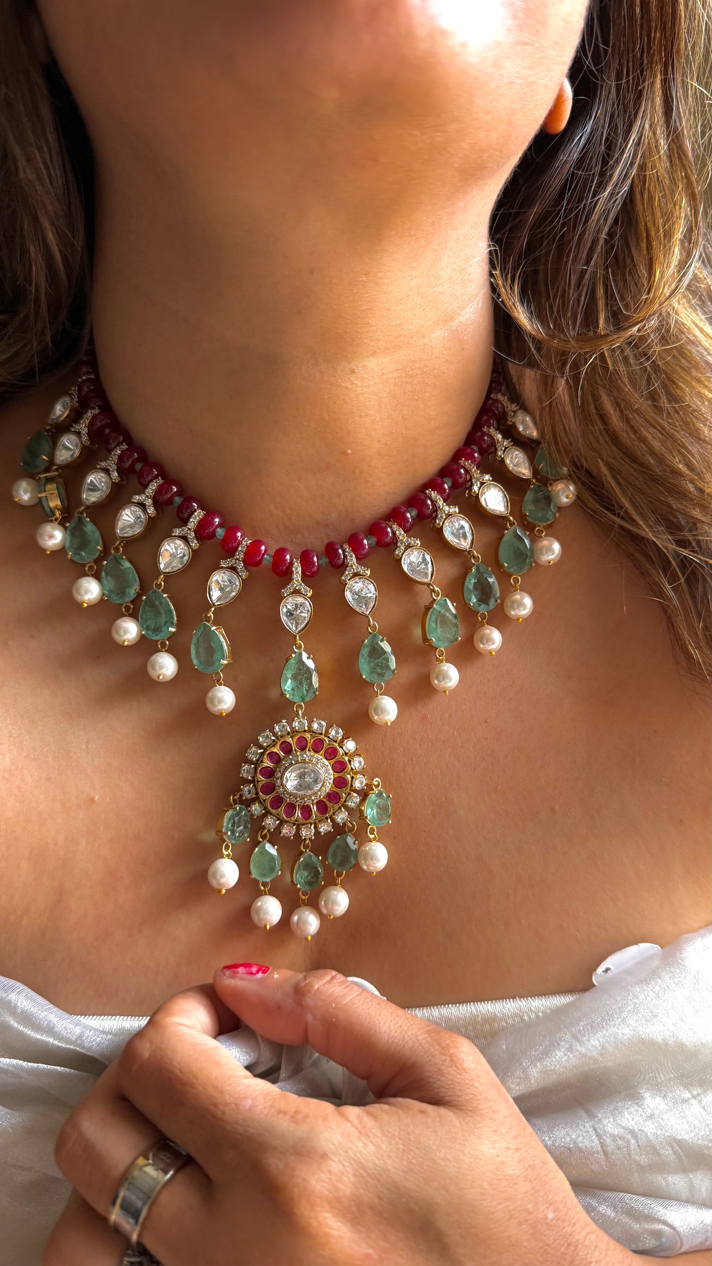 Ruby polki & mint doublet designer necklace