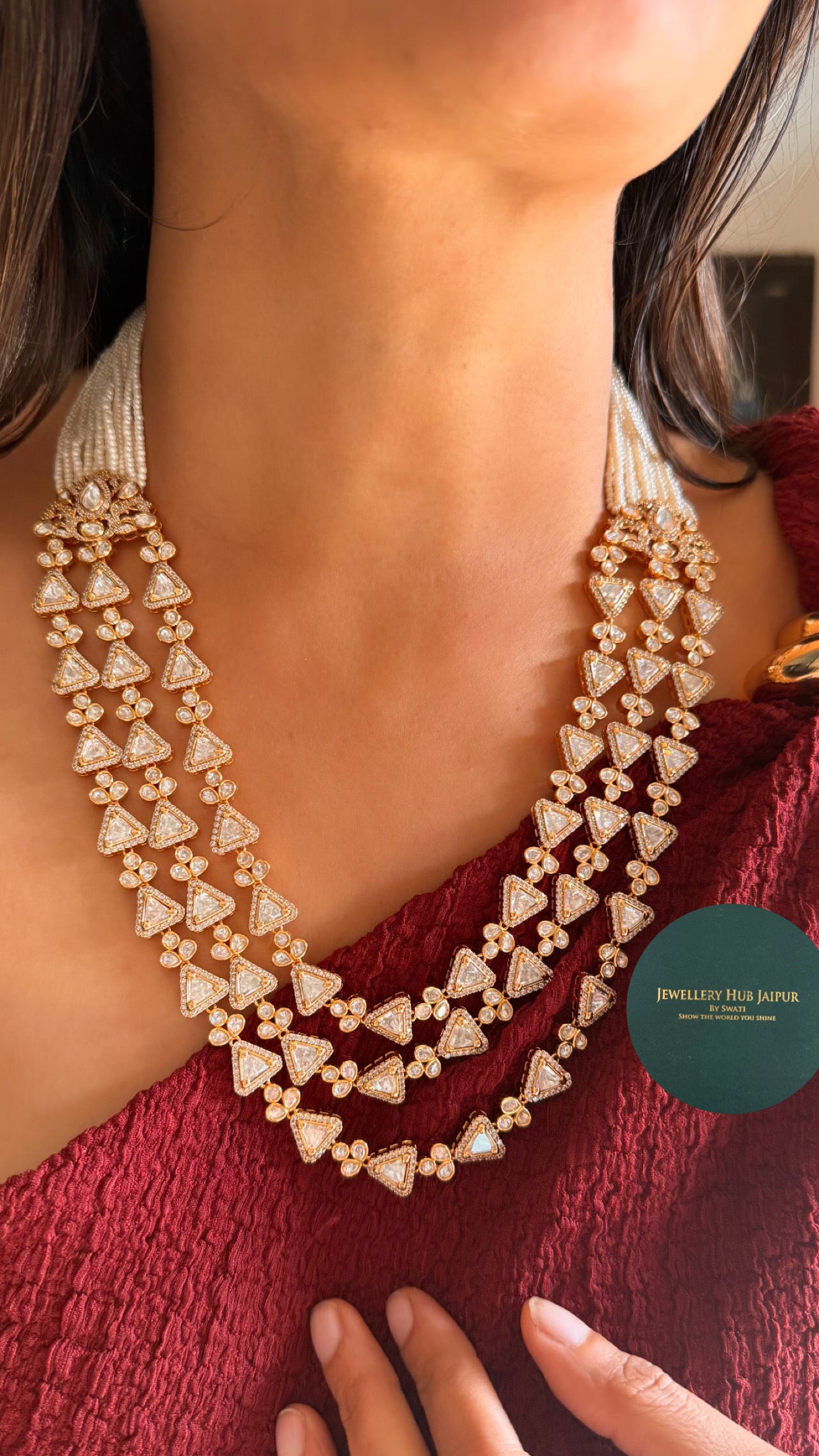 Real Polki triple line heritage necklace
