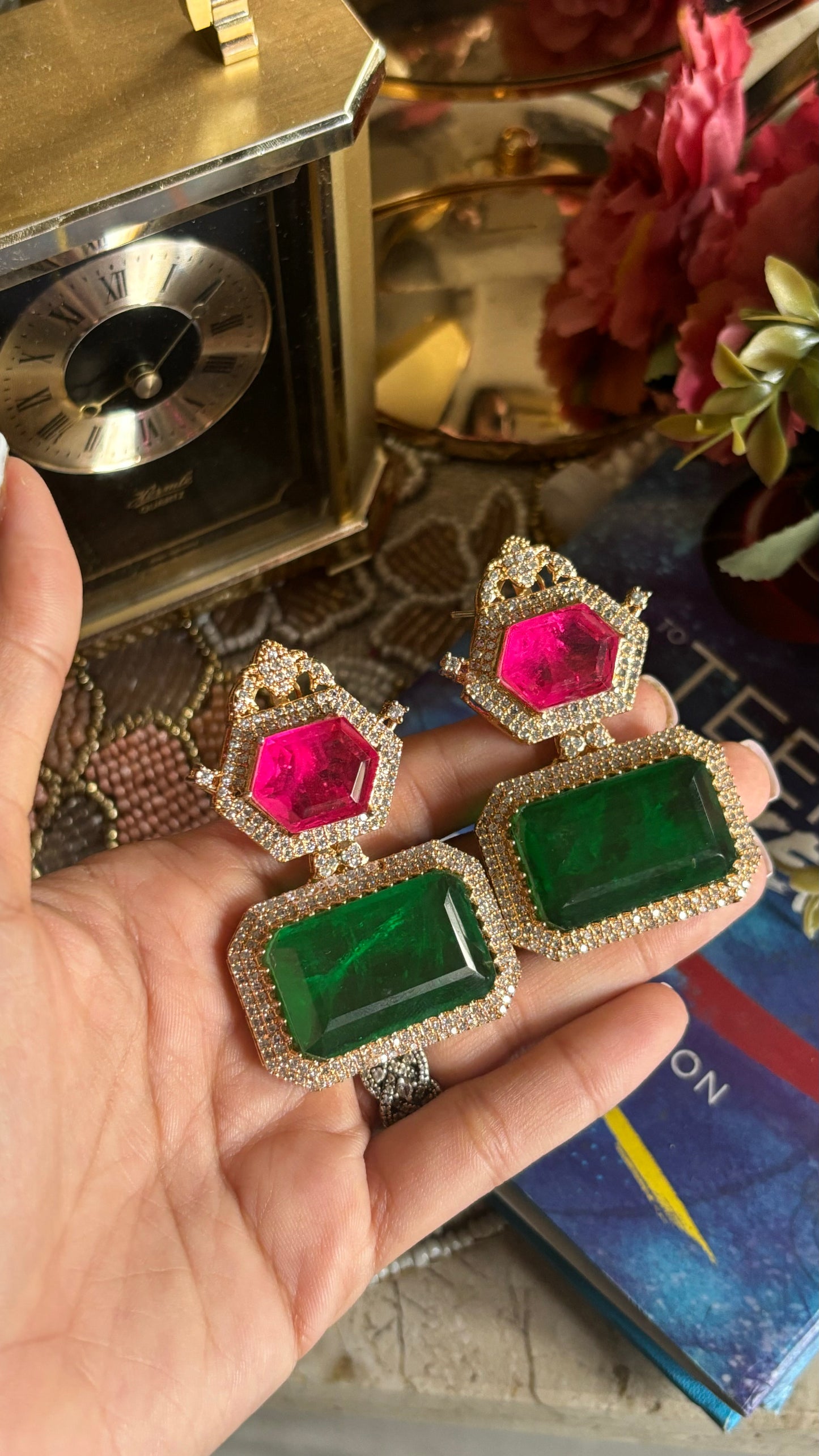 Emerald Rani pink crown earrings