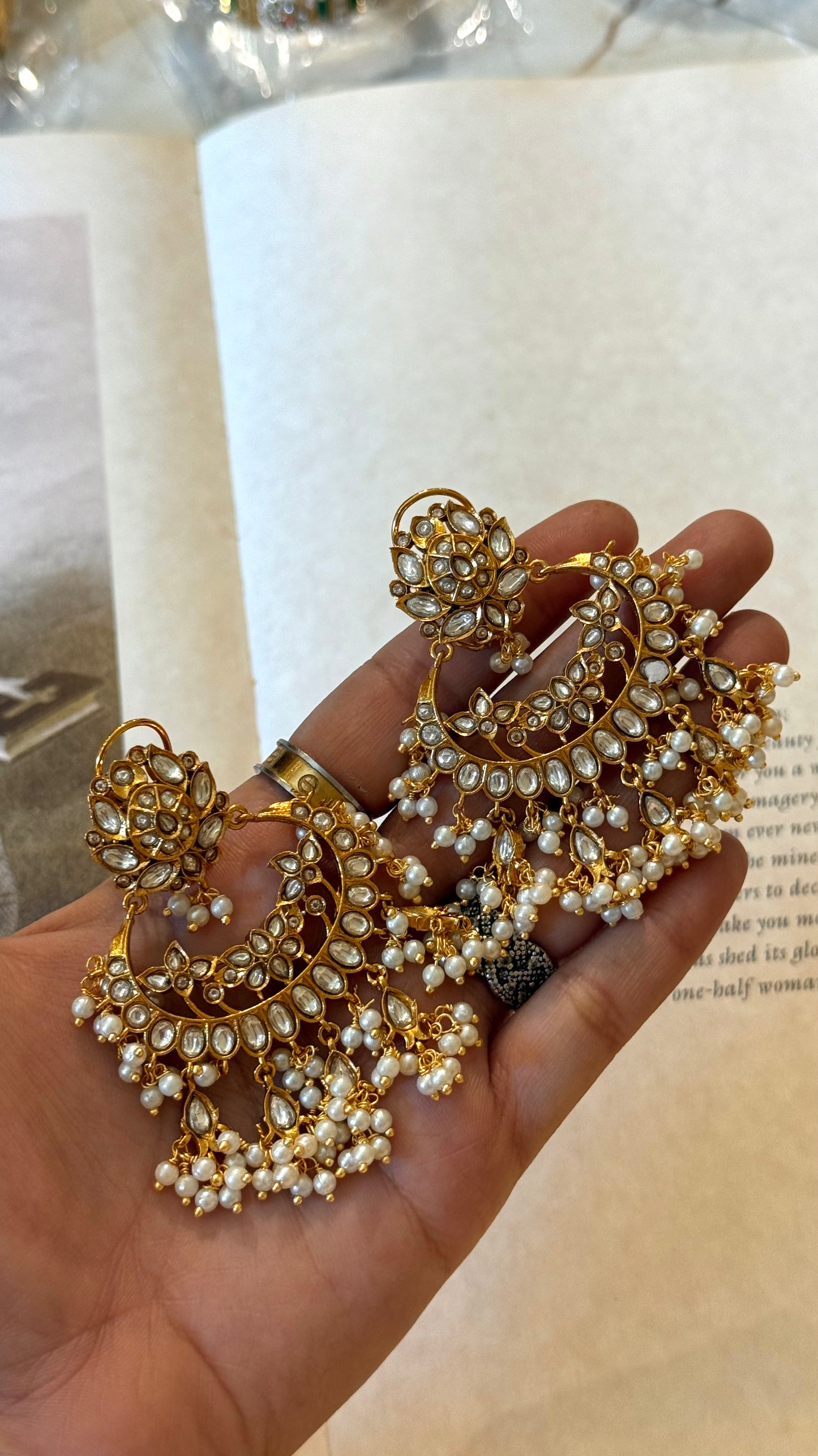 Polki lotus shaped chandbali with pearl detailing
